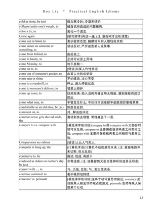 Roy Liu       *    Practical English Idioms


cold as stone, be (as)                 极为寒冷的; 冷漠无情的.
collapse under one's weight, to        被自己所造成的问题拖垮.
color a lie, to                        美化一个谎言.
Come again.                            [例句样本]再说一遍. (注: 意指刚才没听清楚)
come cap in hand, to                   表示敬畏态度; 腼腆地向别人借钱或求助.
come down on someone or                坚决反对, 严厉谴责某人或某事.
something, to
come from behind, to                   由后追上.
come in handy, to                      正好可以派上用场.
come Monday, to                        到下星期一.
come on to, to                         [俚语]向某人作性挑逗.
come out of someone's pocket, to       由某人出钱或垫款.
come rain or shine                     不论晴雨, 决心不变.
come to a standstill, to               停止, 进入停顿状态.
come to someone's defense, to          替某人辩护.
come up roses, to                      结局完满; 陷入丑闻而被证明无瑕疵; 遭到挫败而成功
                                       胜出.
come what may, to                      不管发生什么; 不论任何困难都不能阻挠你要做某事.
comfortable as an old shoe, be (as)    熟悉自在的.
comment on, to                         对...解说或评论.
common sense gets shoved aside,        激动到失去理智; 常理被丢于一旁.
the
compare to vs. compare with            [易混淆字或词组]compare to 跟 compare with 大部份时
                                       候可以互用; compare to 主要用在强调两者之间类似之
                                       处, compare with 主要用在检视两者之间相似与差异之
                                       处.
Comparisons are odious.                [谚语]人比人气死人.
computer is hung up, the               [计算机术语]计算机不动或悬而未决. (注: 意指电路并
                                       未切断, 但无反应)
conducive to, be                       推动, 促成, 有助于.
confused as Adam on mother's day, 非常迷惑. (注: 按基督教义亚当是神所创造并无母亲)
be (as)
consort with ..., to              与...为伍, 交往; 与...发生性关系.
continue unabated, to             毫不减弱地持续.
convince vs. persuade                  [易混淆字或词组]这两个动词意思很接近; convince 是
                                       说服某人接受你的观点或意见; persuade 是劝导某人采
                                       取某个行动.


                                                                             23
 