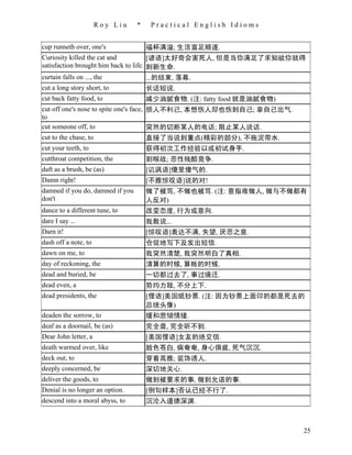 Roy Liu     *    Practical English Idioms


cup runneth over, one's               福杯满溢; 生活富足顺遂.
Curiosity killed the cat and           [谚语]太好奇会害死人, 但是当你满足了求知欲你就得
satisfaction brought him back to life. 到新生命.
curtain falls on ..., the              ...的结束, 落幕.
cut a long story short, to            长话短说.
cut back fatty food, to               减少油腻食物. (注: fatty food 就是油腻食物)
cut off one's nose to spite one's face, 损人不利己, 本想伤人却也伤到自己; 拿自己出气.
to
cut someone off, to                     突然的切断某人的电话; 阻止某人说话.
cut to the chase, to                    直接了当说到重点(精彩的部分), 不拖泥带水.
cut your teeth, to                    获得初次工作经验以或初试身手.
cutthroat competition, the            割喉战; 恶性残酷竞争.
daft as a brush, be (as)              [讥讽语]傻里傻气的.
Damn right!                           [不雅惊叹语]说的对!
damned if you do, damned if you       做了被骂, 不做也被骂. (注: 意指难做人, 做与不做都有
don't                                 人反对)
dance to a different tune, to         改变态度, 行为或意向.
dare I say ...                        我敢说...
Darn it!                              [惊叹语]表达不满, 失望, 厌恶之意.
dash off a note, to                   仓促地写下及发出短信.
dawn on me, to                        我突然清楚, 我突然明白了真相.
day of reckoning, the                 清算的时候, 算帐的时候.
dead and buried, be                   一切都过去了, 事过境迁.
dead even, a                          势均力敌, 不分上下.
dead presidents, the                  [俚语]美国纸钞票. (注: 因为钞票上面印的都是死去的
                                      总统头像)
deaden the sorrow, to                 缓和悲恸情绪.
deaf as a doornail, be (as)           完全聋, 完全听不到.
Dear John letter, a                   [美国俚语]女友的绝交信.
death warmed over, like               脸色苍白, 病奄奄, 身心俱疲, 死气沉沉.
deck out, to                          穿着高雅; 装饰诱人.
deeply concerned, be                  深切地关心.
deliver the goods, to                 做到被要求的事, 做到允诺的事.
Denial is no longer an option.        [例句样本]否认已经不行了.
descend into a moral abyss, to        沉沦入道德深渊.



                                                                       25
 