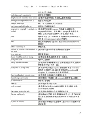 Roy Liu        *    Practical English Idioms


                                        非法的, 不允许的.
embolden one's enemies, to              徒使敌人更嚣张.
Empty vessels make the most noise. [谚语]半瓶醋响叮当, 无知的人爱高谈阔论.
endanger other people's lives, to  危害别人的生命.
enough is enough                        够了, 够了; 别再乱搞; 多言无益.
environmentally friendly, be            环保的, 不破坏环境的.
epigram vs. epigraph vs. epitaph vs. [易混淆字或词组]epigram(名词)警句, 讽刺短诗;
epithet                              epigraph(名词)刻文, 题词, 碑文; epitaph(名词)墓志铭,
                                     碑文; epithet(名词)分类称号, 绰号, 毁谤, 辱骂.
ESP                                  超感官知觉. (注: 不通过五感官而获得知觉讯息的能力,
                                     ESP 是 extrasensory perception 的缩写)
ETA                                  预定的到达时间. (注: ETA 是 estimated time of arrival
                                     的缩写)
ethnic cleansing, an                 种族灭绝.
Even a 10 year old child knows it all [例句样本]连一个十岁小孩都很清楚这事.
too well.
even more so                          甚至更是如此.
Every cloud has a silver lining.      [谚语]否极泰来; 困难中总有一线曙光.
every man jack                          每个人, 没例外.
Every rose has its thorn.               [谚语]每朵玫瑰都有刺. (注: 玫瑰花虽美但有刺, 意指每
                                        件事都有利与不利的一面)
everytime vs. every time                [易混淆字或词组]everytime 是错误的, 因为 every time
                                        是两个分开的字. (注: 请注意你可以用 everything 或
                                        everyday, 但 every time 永远是分开的字)
Everyone has their cross to bear.       [谚语]每个人都有自己的痛苦去承担.
Everything is copasetic.                [例句样本]一切满意. (注: copasetic 是非常令人满意)
evil-minded, be                         邪恶的, 恶毒的.
Exactly!                                [惊叹语]正是如此! 正确!
exalt vs. exult                         [易混淆字或词组]exalt(动词)提升, 赞扬, 提高, 增强;
                                        exult(动词)欢天喜地.
Exception proves the rule.              [谚语]例外是检验这个规定最好的办法.
Excuse my French.                       [例句样本]对不起, 请你原谅我的脏话. (注: 用于在说脏
                                        话之前或之后的抱歉语; 在此 French 并不是法语而是
                                        脏话)
expand on that, to                      [敦促语]你解释或详述这件事. (注: expand on 是解释或
                                        详述之意)



                                                                                 30
 