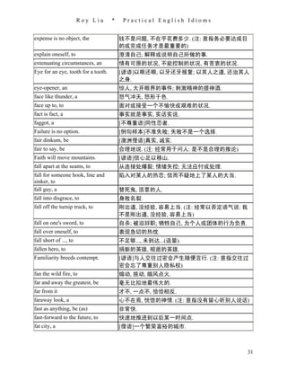 Roy Liu      *    Practical English Idioms


expense is no object, the                钱不是问题, 不在乎花费多少. (注: 意指务必要达成目
                                         的或完成任务才是最重要的)
explain oneself, to                      澄清自己; 解释或说明自己所做的事.
extenuating circumstances, an            情有可原的状况, 不能控制的状况, 有苦衷的状况.
Eye for an eye, tooth for a tooth.       [谚语]以眼还眼, 以牙还牙报复; 以其人之道, 还治其人
                                         之身.
eye-opener, an                           惊人, 大开眼界的事件; 刺激精神的提神酒.
face like thunder, a                     怒气冲天, 怒形于色.
face up to, to                           面对或接受一个不愉快或艰难的状况.
fact is fact, a                          事实就是事实, 实话实说.
faggot, a                                [不尊重语]同性恋者.
Failure is no option.                    [例句样本]不准失败; 失败不是一个选择.
fair dinkum, be                          [澳洲俚语]真实, 诚实.
fair to say, be                          合理地说. (注: 经常用于问人: 是不是合理的推论)
Faith will move mountains.               [谚语]信心足以移山.
fall apart at the seams, to              从连接处爆裂; 情绪失控; 无法应付或处理.
fall for someone hook, line and          陷入对某人的热恋; 信而不疑地上了某人的大当.
sinker, to
fall guy, a                              替死鬼, 顶罪的人.
fall into disgrace, to                   身败名裂.
fall off the turnip truck, to            刚出道, 没经验, 容易上当. (注: 经常以否定语气说: 我
                                         不是刚出道, 没经验, 容易上当)
fall on one's sword, to                  自杀; 被迫辞职; 牺牲自己, 为个人或团体的行为负责.
fall over oneself, to                    表现急切的热忱.
fall short of ..., to                    不足够..., 未到达...(适量).
fallen hero, to                          捐躯的英雄, 殒逝的英雄.
Familiarity breeds contempt.             [谚语]与人交往过密会产生随便言行. (注: 意指交往过
                                         密会忘了尊重别人隐私权)
fan the wild fire, to                    煽动, 挑动, 煽风点火.
far and away the greatest, be            毫无比拟地最伟大的.
far from it                              才不, 一点不, 恰恰相反.
faraway look, a                          心不在焉, 恍惚的神情. (注: 意指没有留心听别人说话)
fast as anything, be (as)                非常快.
fast-forward to the future, to           快速地推进到以后某一时间点.
fat city, a                              [俚语]一个繁荣富裕的城市.



                                                                        31
 