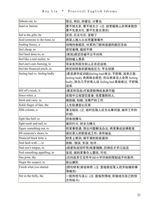 Roy Liu   *    Practical English Idioms


fathom out, to                       想出, 明白, 测量出, 计算出.
feast or famine                      要不就太多, 要不就太少. (注: 经常被商人所用来抱怨
                                     要不生意太忙, 要不生意太清淡)
fed to the gills, be                 厌恶, 忍无可忍, 受够了.
feed someone to the lions, to        将某人推入火坑而置身事外.
feeding frenzy, a                    动物抢食疯狂; 对某热门新闻追逐的疯狂活动.
feel cheap, to                       感觉羞愧, 尴尬不堪.
feel hard done-to, to                [英国]感觉你被不公平对待.
feel like a real sucker, to          感到被人愚弄.
feel one's ears burning, to          耳朵发热因为别人正在论议他.
feel the financial pinch, to         感觉到财务的紧缩或压力; 手头拮据.
feeling bad vs. feeling badly        [易混淆字或词组]feeling bad 难过, 不舒服, 沮丧之意;
                                     feeling badly 有困难去感觉; 所以根本没人会用 feeling
                                     badly, 因为几乎所有人说 feeling bad 是指难过, 不舒服,
                                     沮丧.
fell off a truck, it                 (要卖的货品)可能是赃物或来源可疑.
fence-sitter, a                      采取中立观望态度者; 优柔寡断的人.
fetch and carry, to                  做跑腿, 枯燥, 没尊严的工作.
fickle finger of fate, the           人生际遇变幻无常.
fifth column, a                      第五纵队. (注: 战时在敌人后方从事间谍, 破坏工作的
                                     奸细)
fight like hell, to                  拼命地搏斗.
fight tooth and nail, to             激烈打斗, 拼全力搏斗.
figure something out, to             把某事想通; 想出问题解决办法; 将某事或技俩看穿.
fill someone's shoes, to             接任某人的职务或工作; 承传祖业.
financial black hole, a              财务上黑洞, 填不满的财政漏洞.
find fault with ..., to              挑剔...错误, 失误; 批评...
find one's tongue, to                (因紧张或惊吓而)恢复镇静, 回神后才开口说话.
find something appalling, to         发现, 碰到某事令人震惊, 可怕.
fine print, the                      (合约或其它文件中)以小字印刷的限制或不利条件.
finger the suspect, to               指认嫌犯.
Finish what you started.             [例句样本]有始有终. (注: 意指敦促某人把开始做的事
                                     情做完)
fire in the belly, the               一股热忱与决心. (注: 意指热情地, 积极地为自己的信
                                     念而战斗)



                                                                          32
 