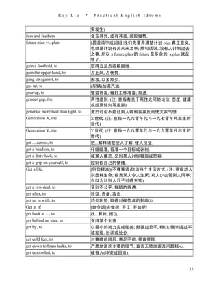 Roy Liu      *    Practical English Idioms


                                        实发生)
fuss and feathers                       金玉其外, 虚有其表, 装腔做势.
future plan vs. plan                    [易混淆字或词组]我们先要弄清楚计划 plan 真正意义,
                                        也就是计划有关未来之事; 换句话说, 没有人计划过去
                                        之事, 所以 a future plan 的 future 是多余的, a plan 就足
                                        够了.
gain a foothold, to                     取得立足点或根据地.
gain the upper hand, to                 占上风, 占优势.
gang up against, to                     围攻, 以多欺少.
gas up, to                              (车辆)加满汽油.
gear up, to                             整装待发, 做好工作准备; 加速.
gender gap, the                         两性差别. (注: 意指有关于两性之间的地位, 态度, 健康
                                        或投票倾向等差距)
generate more heat than light, to       激烈讨论不能让别人得到答案反而使大家气愤.
Generation X, the                       X 世代. (注: 意指一九六零年代与一九七零年代出生的
                                        世代)
Generation Y, the                       Y 世代. (注: 意指一九八零年代与一九九零年代出生的
                                        世代)
get ... across, to                      把...解释清楚使人了解, 使人接受.
get a bead on, to                       仔细瞄准, 看准一个目标或计划.
get a dirty look, to                    被某人嫌恶, 见到某人对你皱眉或怒容.
get a grip on yourself, to              控制你自己的情绪.
Get a life.                             [例句样本](不尊重语)你该换个生活方式. (注: 意指劝人
                                        别虚耗生命; 指责某人令人生厌; 劝人少去管别人闲事;
                                        自以为比别人日子过得充实)
get a raw deal, to                      受到不公平, 残酷的待遇.
get after, to                           敦促, 责备, 攻击.
get an in with, to                      趋炎附势, 取得对权势者的影响力.
Get at it!                              [命令语]去做吧! 开工! 开始吧!
get back at ..., to                     找...算帐, 报仇.
get behind an idea, to                  支持某个主意.
get by, to                              以最小的努力完成任务; 勉强过日子, 糊口; 侥幸逃过不
                                        被发现, 批评或处分.
get cold feet, to                       对事瞻前顾后, 裹足不前, 畏首畏尾.
get down to brass tacks, to             严肃地谈论主要的细节; 直言无隐地谈及问题核心.
get embroiled, to                       被卷入(冲突或困难).


                                                                                    35
 
