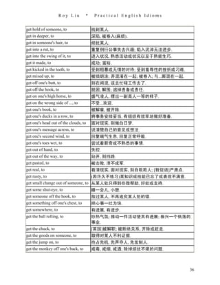 Roy Liu       *    Practical English Idioms


get hold of someone, to                 找到某人.
get in deeper, to                       深陷, 被卷入(麻烦).
get in someone's hair, to               烦扰某人.
get into a rut, to                      重复例行公事失去兴趣; 陷入泥淖无法进步.
get into the swing of it, to            进入状况, 熟悉活动或状况以至于熟能生巧.
get it made, to                         成功; 富裕.
get kicked in the teeth, to             受到粗暴或无情的对待; 受到羞辱性的挫折或刁难.
get mixed up, to                        被搞胡涂; 弄混淆在一起; 被卷入; 与...厮混在一起.
get off one's butt, to                  别在闲混, 该去忙碌工作去了.
get off the hook, to                    脱困, 解围; 逃掉责备或责任.
get on one's high horse, to             盛气凌人, 摆出一副高人一等的样子.
get on the wrong side of ..., to        不受...欢迎.
get one's book, to                      被解雇, 被开除.
get one's ducks in a row, to            将事务安排妥当, 有组织有效率地做好准备.
get one's head out of the clouds, to    面对现实, 别做白日梦.
get one's message across, to            说清楚自己的意见或想法.
get one's second wind, to               回复喘气生息, 回复正常呼吸.
get one's toes wet, to                  尝试着新奇或不熟悉的事情.
get out of hand, to                     失控.
get out of the way, to                  站开, 别挡路.
get pasted, to                          被击败, 溃不成军.
get real, to                            看清现实, 面对现实, 别自欺欺人; [敦促语]严肃点.
get rusty, to                           (因许久不练习)某知识或技能已忘了或表现不满意.
get small change out of someone, to 从某人处只得到些微帮助, 好处或支持.
get some shut-eye, to               睡一会儿, 小憩.
get someone off the hook, to            放过某人, 不再追究某人犯的错.
get something off one's chest, to       把心事一吐为快.
get somewhere, to                       有进展, 有进步.
get the ball rolling, to                炒热气氛; 推动一件活动使其有进展; 振兴一个低落的
                                        事业.
get the chuck, to                       [英国]被解职; 被断绝关系, 开除或赶走.
get the goods on someone, to            取得对某人不利证据.
get the jump on, to                     抢占先机, 先声夺人, 先发制人.
get the monkey off one's back, to       戒毒, 戒烟, 戒酒; 除掉烦扰不堪的问题.



                                                                        36
 
