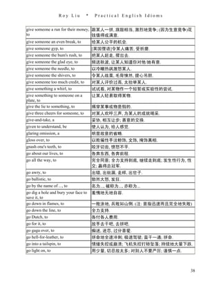 Roy Liu        *    Practical English Idioms


give someone a run for their money, 跟某人一拼, 旗鼓相当, 激烈地竞争; (因为生意竞争)花
to                                  钱值得或满意.
give someone an even break, to      给某人公平的机会.
give someone gyp, to                    [英国俚语]令某人痛苦, 受折磨.
give someone the bum's rush, to         把某人赶走, 撵出去.
give someone the glad eye, to           频送秋波, 让某人知道你对他/她有意.
give someone the needle, to             以冷嘲热讽激怒某人.
give someone the shivers, to            令某人战栗, 毛骨悚然, 提心吊胆.
give someone too much credit, to        对某人评价过高, 太抬举某人.
give something a whirl, to              试试看, 对某物作一个短暂或实验性的尝试.
give something to someone on a          让某人轻易取得某物.
plate, to
give the lie to something, to           揭穿某事或物是假的.
give three cheers for someone, to       对某人欢呼三声, 为某人的成就喝采.
give-and-take, a                        妥协, 相互让步; 善意的交换.
given to understand, be                 使人认为, 给人感觉.
glaring omission, a                     明显故意的省略.
gloss over, to                          以欺骗性手法粉饰, 文饰, 掩饰真相.
gnash one's teeth, to                   咬牙切齿, 愤怒不平.
go about our lives, to                  各奔东西, 各奔前程.
go all the way, to                      完全同意; 全力支持到底, 继续走到底; 发生性行为, 性
                                        交; 赢得总冠军.
go awry, to                             出错, 出纰漏, 走样, 出岔子.
go ballistic, to                        勃然大怒, 发狂.
go by the name of ..., to               名为..., 被称为..., 亦称为...
go dig a hole and bury your face to     羞愧地无地自容.
save it, to
go down in flames, to                   一败涂地, 兵败如山倒. (注: 意指迅速而且完全地失败)
go down the line, to                    全力支持.
go Dutch, to                            各付各人费用.
go for it, to                           放手去干吧, 去拼吧.
go gaga over, to                        痴迷, 迷恋, 过分喜爱.
go hell-for-leather, to                 拼命地全速冲刺; 极速驾驶; 蛮干一通; 拼命.
go into a tailspin, to                  情绪失控或崩溃; 飞机失控打转坠落; 持续地大量下跌.
go light on, to                         用少量, 切忌放太多; 对别人不要严厉; 谨慎一点.



                                                                     38
 