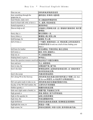 Roy Liu            *    Practical English Idioms


Hear me out.                              [例句样本]听我把话说完.
hear something through the                道听途说, 听来的小道消息.
grapevine, to
heart bleeds, make one's                  令人真诚地同情或怜悯.
heart-to-heart talk with, to have a       与...诚恳, 坦白地谈话.
heated argument, a                        激烈的争论.
Heaven help us all.                       [祈福语]上苍保佑大家. (注: 意指我们面临危机, 我们需
                                          要帮助)
heavy day, a                              繁忙劳累的一天.
heavy hitter, a                           重量级人物, 权势人物.
held hostage, be                          被绑架, 作人质.
hell of time, a                           一个痛苦, 艰难的经历. (注: 例如找某人的住处找好久
                                          才找到你会说 It took me a hell of time finding your
                                          place.)
hell-bent for leather                     快马加鞭地; 不顾后果地; 操之过急地.
hell-raiser, a                            疯狂, 吵闹, 放纵的人.
help out, to                              予人救援或帮助.
helping hand, to give a                   伸手助人.
hence the question remains unsolved 因此有这个问题仍未解决.
here and now                        马上, 就是现在.
here to stay, be                          长期安顿下来, 留下来.
here's the deal                           事情是这样的; 这是我的安排或交易. (注: 意指对双方
                                          有利的安排或交易)
here's the scoop                          内幕消息是这样的.
He's doing 90 on the freeway.             [例句样本]他在高速公路开到时速九十英哩. (注: He's
                                          是 He was 的简写; do 在此用于以某速度进行)
He's not quite ready to take us on.       [例句样本]他还没准备好跟我们对抗.
heyday of the 90's bull market, the       九零年代牛市的繁景.
hidden agenda, a                          隐藏的动机或企图.
hide one's light under a bushel, to       深藏不露, 不炫耀自己才学.
high ground, a                            高地, 制高点; 优于对手的地位.
high on the agenda, be                    议程上优先的事项.
high time, the                            早就该要做的时机.
high-definition                           [形容词](指电视)高画质, 高清晰度及宽屏幕的.
highlight the issue, to                   突显这一问题.
high-octane, be                           [形容词]强劲的, 冲劲十足的; 高辛烷的(指汽油).


                                                                                          45
 