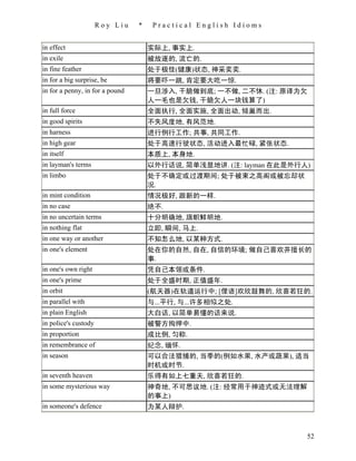 Roy Liu    *    Practical English Idioms


in effect                            实际上, 事实上.
in exile                             被放逐的, 流亡的.
in fine feather                      处于极佳(健康)状态, 神采奕奕.
in for a big surprise, be            将要吓一跳, 肯定要大吃一惊.
in for a penny, in for a pound       一旦涉入, 干脆做到底; 一不做, 二不休. (注: 原译为欠
                                     人一毛也是欠钱, 干脆欠人一块钱算了)
in full force                        全面执行, 全面实施, 全面出动, 倾巢而出.
in good spirits                      不失风度地, 有风范地.
in harness                           进行例行工作; 共事, 共同工作.
in high gear                         处于高速行驶状态, 活动进入最忙碌, 紧张状态.
in itself                            本质上, 本身地.
in layman's terms                    以外行话说, 简单浅显地讲. (注: layman 在此是外行人)
in limbo                             处于不确定或过渡期间; 处于被束之高阁或被忘却状
                                     况.
in mint condition                    情况极好, 跟新的一样.
in no case                           绝不.
in no uncertain terms                十分明确地, 旗帜鲜明地.
in nothing flat                      立即, 瞬间, 马上.
in one way or another                不知怎么地, 以某种方式.
in one's element                     处在你的自然, 自在, 自信的环境; 做自己喜欢并擅长的
                                     事.
in one's own right                   凭自己本领或条件.
in one's prime                       处于全盛时期, 正值盛年.
in orbit                             (航天器)在轨道运行中; [俚语]欢欣鼓舞的, 欣喜若狂的.
in parallel with                     与...平行, 与...许多相似之处.
in plain English                     大白话, 以简单易懂的话来说.
in police's custody                  被警方拘押中.
in proportion                        成比例, 匀称.
in remembrance of                    纪念, 缅怀.
in season                            可以合法猎捕的, 当季的(例如水果, 水产或蔬果), 适当
                                     时机或时节.
in seventh heaven                    乐得有如上七重天, 欣喜若狂的.
in some mysterious way               神奇地, 不可思议地. (注: 经常用于神迹式或无法理解
                                     的事上)
in someone's defence                 为某人辩护.



                                                                     52
 