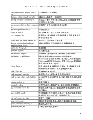 Roy Liu         *    Practical English Idioms


past is slipping by without a trace,       过去飘逝而过了无痕迹.
the
Patience will eventually pay off.          [谚语]耐心总会有一天有回报.
pay lip service to something, to           有口无心, 敷衍了事. (注: 对别人信誓旦旦的说要做什
                                           么但不会付诸行动)
pay someone back in their own coin, 以牙还牙, 以其人之道还治其人之身.
to
pay through one's nose, to          付出巨大代价.
peace of mind, a                    内心平静, 安心. (注: 没烦恼, 没罪恶感)
peer pressure, the                         同辈压力. (注: 意指受到同学或朋友的习惯, 衣着或功
                                           课等等方面压力)
penny wise and pound foolish, be           因小失大; 小处精明, 大事胡涂.
People who live in glass houses            [谚语]软弱的人们不应该批评犯同样错的别人.
shouldn't throw stones.
perish the thought, to                     想都别想.
personal hygiene                           个人身体卫生.
Philadelphia lawyer, a                     精明律师. (注: 意指精明, 善于操纵法律的律师)
Philippines vs. Philippine                 [易混淆字或词组]Philippines(名词)菲律宾;
                                           Philippine(形容词)菲律宾的. (注: 许多人把菲律宾国家
                                           Philippines 误拼成 Philippine; 其实 Philippine 是形容词;
                                           另外, 菲律宾人是 Filipino)
photo finish, a                            势均力敌的竞争, 旗鼓相当的竞争. (注: 意指竞赛结果
                                           很接近必须要看照片才能决定胜负的竞争)
pick a fight, to                           故意找碴与某人打架.
pick someone's brain, to                   求教某人想法, 从某人处取得想法或消息.
pick up right where we left off, to        从上次停下的地方接下去做, 讨论; 哪里跌倒, 就从哪里
                                           爬起.
picture-perfect, be                        完美无瑕疵的.
piece of work, a                           优秀不凡的人, 成就或产品; 复杂, 难相处或怪异的人.
pig iron under water, the                  很安全, 没有问题. (注: 意指火险术语意为危险成份很
                                           低的保险)
pigs might fly, and                        不可能的事, 绝不会发生的事. (注: 常用在"如果某事会
                                           发生的话, 猪群也会飞天"之类的句型上)
pin one's hopes on ..., to                 寄望于..., 信赖...
ping someone, to                           [网络术语]在网上论坛上召唤网友来讨论某议题.
pique someone's curiosity, to              激起某人的好奇.
piss one's pants, to                       [不雅语]惊吓地尿湿裤子.


                                                                                        67
 