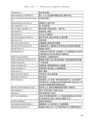 Roy Liu        *    Practical English Idioms


pit against, to                          设计两方相斗.
pitch someone a curveball, to            耍人一记, 丢出棘手难题让某人措手不及.
place your life in someone's hands,      生死听由某人.
to
plant pears for your heirs, to           造福后代, 荫及子孙.
play a prank on ..., to                  跟...玩恶作剧.
play at ducks and drakes, to             奢华浪费, 花钱如流水, 一掷千金.
play dumb, to                            装聋作哑, 装傻.
play games, to                           玩心机, 尔虞我诈.
play into someone's hands, to            被对手利用, 做出对手称心如意的事.
play it cool, to                         沉着冷静.
play one's cards well, to                运筹帷幄, 善用资源与策略.
play the devil's advocate, to            扮魔鬼发言人, 置身反对方来测试立论是否站得住脚.
play the heavy, to                       唱黑脸, 做恶人.
plead bargain, to                        [法律术语]认罪协商, 认罪减刑. (注: 意指被告主动认罪
                                         以换取检方从轻求刑或放弃严重起诉)
plenty to go around, be                  还有很多, 大家都有份的.
pluck something out of the air, to       随便抓个数字; 脱口而出的答复; 不经深思熟虑的答复.
pocket money, the                        个人零花钱.
poetry in motion, be                     诗情画意, 值得观赏的美人或美景.
point well taken, a                      说得有理; 观点被人心悦诚服接受.
poke fun at, to                          取笑, 嘲笑.
poke one's nose into, to                 打听或介入别人的私事.
politically correct, be                  政治正确.
Ponzi scheme, a                          庞氏骗局. (注: 意指一种诈欺金钱的手法: 以高回报付
                                         给早期投资人造成赢利成功的假象来吸引更多投资; 等
                                         资金到达预期的数量就携款潜逃)
poor as a church mouse, be (as)          贫穷的. (注: 原译为像教堂里的老鼠一样的穷)
poor-mouth, to                           哭穷, 以穷作借口; 说别人坏话.
pop quiz, a                              临时未宣布的小考试.
pork barrel spending, a                  [政治术语]猪肉桶花费. (注: 意指美国国会议员讨好选
                                         民, 拨款给自己选区, 制造没必要的工作)
positive thinking, a                     进取乐观的想法.
pot calling the kettle black, a          锅嫌壶黑, 五十步笑百步, 乌鸦笑猪黑.
pound the pavement, to                   挨家挨户进行工作. (注: 例如寻找工作, 兜售东西或拉



                                                                        68
 