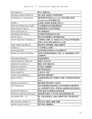 Roy Liu       *    Practical English Idioms


rally against, to                        声讨, 群集抗议.
ram down someone's throat, to            强人所难, 强迫别人接受或考虑.
remuneration vs. renumeration            [易混淆字或词组]remuneration(名词)酬劳, 赔偿;
                                         renumeration(名词)重新计算.
rat fink, a                              出卖者; 告密者; 违反罢工的工人.
rather be safe than sorry, would         宁可谨慎安全也不要出事后悔.
rattle someone's cage, to                故意激怒某人尤其令他难看.
reach a pretty pass, to                  陷入艰困处境.
read between the lines, to               从字里行间领会其言外之意.
read my lips, to                         [有点不礼貌]要求人听你要说的话.
read too much into something, to         过份解读, 曲解. (注: 意指花太多心思去分析挖掘某事
                                         或某人话语之背后涵意或无心之意)
ready, willing, and able, be             整装待发, 摩拳擦掌, 准备大展身手.
real hoot, a                             十分有趣之人或事.
rear its ugly head                       (丑恶问题)已形成而人们必须要对付.
Records are made to be broken.           [谚语]记录就是留着被人打破. (注: 意指鼓励别人勇于
                                         打破极限)
red-carpet treatment, a                  高规格的接待.
reduce someone to silence, to            使某人无言以对.
refresh one's memory, to                 重温; 回想; 唤起记忆.
rehash the old stuff, to                 炒冷饭, 旧事重提.
reject out of hand, to                   毫不考虑地拒绝.
relieve oneself, to                      上厕所大小便.
remain on the sidelines, to              袖手旁观, 置身事外.
repay in kind, to                        以货物代替钱交易; 回报别人恩情; 以同样的手段回敬
                                         对方.
request an extension, to                 要求延期; 要求宽限一些时间.
rest is history, the                     其它的事情是大家所知的; 以后的事情你们都很熟悉.
                                         (注: 经常使用于讲完一件鲜有人知故事之后所说的话)
rest on one's laurels, to                停滞, 缅怀过去成就但无意再改进.
Revenge is a dish best eaten cold.       [谚语]君子报仇, 三年不晚; 复仇时要冷酷无情.
rid yourself with ..., to                将...从你本身除去. (例如: 戒除坏习惯, 不好语言或行
                                         为)
ride someone's coattails, to             鸡犬升天; 被某人提携, 提拔.
ride the crest of a wave, to             意气风发, 诸事顺利.



                                                                            72
 