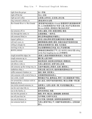 Roy Liu        *    Practical English Idioms


right from the get-go                    从一开始.
right off the bat                        马上, 立刻.
right up one's alley                     正是某人的专长; 正合某人的口味.
ring someone's chimes, to                [俚语]将对方击倒.
Rio Grande River vs. Rio Grande          [易混淆字或词组]Rio Grande 是墨西哥与美国德州的界
                                         河, rio 已经是西班牙文"河流"之意, 所以不必再多余地
                                         加 river 在其后, 否则变为"格兰地大河河".
rip someone off, to                      向某人骗钱; 诈财; 故意多要钱; 偷窃.
rise through the ranks, to               从基层做起, 一路升迁.
rob someone blind, to                    肆无忌惮地盗取或诈骗某人.
rogues' gallery, a                       (供证人指认用的)罪犯及嫌犯的相片簿或档案.
roll one's eyes, to                      翻转眼睛表达傲慢, 鄙视, 枯燥无味或不耐烦的态度.
rolling in dough, be                     [俚语]在钱堆里打滚, 富裕, 生活富足.
root hog or die, to                      你必须要照顾自己利益, 别人不会替你做.
ROTFLAMAO                                [网络语言]倒地笑岔了气. (注: ROTFLAMAO 是 rolling
                                         on the floor laughing my ass off 的缩写)
rough around the edges, be               (指某人)虽技术粗糙但具有潜力, 可造之材.
rough someone up, to                     暴打某人进行恫吓.
round the corner                         就在附近的; 就在转过拐弯处的; 将要发生.
rub elbows with, to                      与某人紧密交往, 经常与某人往来.
rub someone up the wrong way, to         无意中激起某人的敌对, 反感; 激怒某人.
rudderless ship, a                       无舵之船; 缺乏方向, 组织松散的团体或公司.
ruffle someone's feathers, to            骚扰, 挑衅, 冒犯某人.
rule someone with a rod of iron, to      以铁腕控制或统治别人.
run a mile, would                        唯恐避之不及, 躲得远远, 将尽一切力量避免某个情况.
run around like a chicken with its       进入发狂, 惊慌不知所措的情况; 像无头苍蝇一样乱窜.
head cut off, to
run circles around someone, to           远胜某人; 比某人技高一筹; 可以轻易赢过某人.
run for one's dear life, to              赶紧逃命.
run in the family, to                    家传共同特征, 特质.
run into the ground, to                  摧毁, 弄坏; 做过头, 越做越糟; 追根就底.
run off your feet, be                    马不停蹄, 忙得不可开交.
run out of choices, to                   无计可施, 没有选择, 该使用的选择都用完了.
run someone hard, to                     与某人竞争不相上下; 纠缠不休地敦促某人; 过份戏谑
                                         某人.



                                                                             73
 