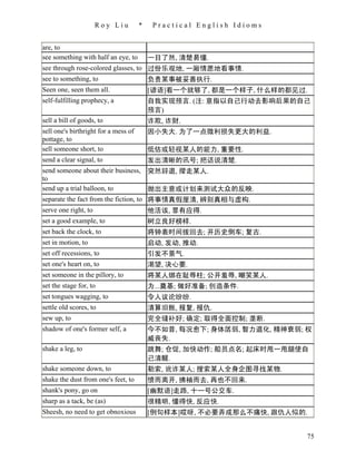 Roy Liu         *    Practical English Idioms


are, to
see something with half an eye, to        一目了然, 清楚易懂.
see through rose-colored glasses, to 过份乐观地, 一厢情愿地看事情.
see to something, to                 负责某事被妥善执行.
Seen one, seen them all.                  [谚语]看一个就够了, 都是一个样子, 什么样的都见过.
self-fulfilling prophecy, a               自我实现预言. (注: 意指以自己行动去影响后果的自己
                                          预言)
sell a bill of goods, to                  诈欺, 诈财.
sell one's birthright for a mess of       因小失大. 为了一点微利损失更大的利益.
pottage, to
sell someone short, to                    低估或轻视某人的能力, 重要性.
send a clear signal, to                   发出清晰的讯号; 把话说清楚.
send someone about their business, 突然辞退, 撵走某人.
to
send up a trial balloon, to            抛出主意或计划来测试大众的反映.
separate the fact from the fiction, to 将事情真假厘清, 辨别真相与虚构.
serve one right, to                       他活该, 罪有应得.
set a good example, to                    树立良好榜样.
set back the clock, to                    将钟表时间拨回去; 开历史倒车; 复古.
set in motion, to                         启动, 发动, 推动.
set off recessions, to                    引发不景气.
set one's heart on, to                    渴望, 决心要.
set someone in the pillory, to            将某人绑在耻辱柱; 公开羞辱, 嘲笑某人.
set the stage for, to                     为...奠基; 做好准备; 创造条件.
set tongues wagging, to                   令人议论纷纷.
settle old scores, to                     清算旧账, 报复, 报仇.
sew up, to                                完全缝补好; 确定; 取得全面控制; 垄断.
shadow of one's former self, a            今不如昔, 每况愈下; 身体孱弱, 智力退化, 精神衰弱; 权
                                          威丧失.
shake a leg, to                           跳舞; 仓促, 加快动作; 船员点名; 起床时甩一甩腿使自
                                          己清醒.
shake someone down, to                    勒索, 讹诈某人; 搜索某人全身企图寻找某物.
shake the dust from one's feet, to        愤而离开, 拂袖而去, 再也不回来.
shank's pony, go on                       [幽默语]走路, 十一号公交车.
sharp as a tack, be (as)                  很精明, 懂得快, 反应快.
Sheesh, no need to get obnoxious          [例句样本]哎呀, 不必要弄成那么不痛快, 跟仇人似的.


                                                                        75
 