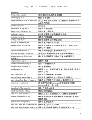 Roy Liu      *    Practical English Idioms


whirlwind.
Spare me the lecture.                   [例句样本]拜托, 别再跟我说教.
speak highly of, to                     推崇, 赞美有加.
speak out of both sides of mouth, to 见人说人话, 见鬼说鬼话. (注: 意指同一主题跟不同的
                                     人说不同的话)
speak too soon, to                   言之过早.
speculation on my part, a               纯属我自己的猜测.
spend money like water, to              花钱如水, 大量花费.
spill one's guts, to                    吐出全部实情, 把秘密或隐密说出来.
spineless worm, a                       没有骨气的软弱者.
spitting feathers, be                   极为愤怒激动; 口干舌燥, 口渴.
splurge on something, to                奢侈浪费, 一掷千金买东西.
spread oneself too thin, to             同时做许多事情, 使自己疲于奔命. (注: 意指无法专心
                                        做好任何一件事)
square one's shoulders, to              昂首挺胸面对逆境; 不屑一顾的姿态.
Squeaky wheel gets the grease.          [俗语]抱怨最响的得到注意, 会吵的孩子有糖吃.
squeeze someone till the pips           逼人太甚; 压榨某人到极点; 使某人痛苦到极点.
squeak, to
stage an attack against ..., to         发起对...攻击.
stand clear of something, to            站开; 与某物保持距离.
stand on one's own feet, to             独立思考或行动.
stand to gain, to                       将要获利. (注: 意指因为采取某个行动或做某个承诺之
                                        后而将获利)
stark raving mad, be                    彻底疯狂; 疯疯癫癫; 失去理智.
start off on the wrong foot, to         起步艰难; 有坏的开始; 一开始就把关系弄糟.
start with a clean sheet of paper, to   重新开始; 不带先入为主观念地重新思考问题.
stationary vs. stationery               [易混淆字或词组]stationary(形容词)固定不动的;
                                        stationery(名词)文具, 信纸.
stay ahead of the game, to              领先; 占先机; 占优势.
steady hand on the tiller, a            稳定地控制着状况.
steel one's heart against, to           硬起心肠. (注: 意指铁面无私, 心硬如铁地处理事务)
step on someone's toes, to              得罪某人; 伤害某人感情; 触怒某人; 捞过界, 侵入别人
                                        的权责范围.
stew in one's own juice, to             自作自受, 作茧自缚.
stick one's neck out for someone, to 挺身而出, 为某人甘冒风险.
stick your head above the parapet, to 勇敢地讲出你的意见(虽然有可能或得罪别人).


                                                                         78
 