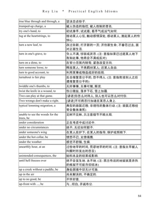 Roy Liu      *    Practical English Idioms


true blue through and through, a       坚决忠贞份子.
trumped-up charge, a                   被人伪造的指控, 被人炮制的罪名.
try one's hand, to                     初试身手; 试试看; 看手气或运气如何.
tug at the heartstrings, to            拨动某人心弦, 触动感情深处, 感动某人, 激起某人的怜
                                       悯心.
turn a new leaf, to                    改过自新; 打开新的一页; 开创新生命; 不眷恋过去, 面
                                       对正面生活.
turn in one's grave, to                令人不满, 惊骇或厌恶. (注: 意指如果已过逝某人地下
                                       有知此事, 他将会不满或反对)
turn on a dime, to                     在窄小范围内转弯; 紧急改变方向.
turn someone loose, to                 释放某人; 不再羁绊某人; 还某人自由.
turn to good account, to               利用某事或物造成好的结局.
turnabout is fair play                 反击报复是公平的, 怨不得人. (注: 意指欺凌别人之后
                                       遭报复是公平的)
twiddle one's thumbs, to               无所事事, 无事可做, 厮混.
twist the knife in a wound, to         伤口撒盐, 落井下石, 雪上加霜.
Two can play at that game.             [谚语]你怎么对待人, 别人也可以怎么对付你.
Two wrongs don't make a right.         [谚语]不可将恶行加诸在某恶人身上.
typical lemming migration, a           典型的旅鼠迁移; 非理性的集体行动. (注: 旅鼠迁移经
                                       常会集体淹死)
unable to see the woods for the        见树不见林, 只注意细节不顾大局.
trees, be
under consideration                    正在考虑中或讨论中.
under no circumstances                 绝不, 无论如何都不.
under someone's wing                   在某人庇护下; 在某人的指导, 保护或照顾下.
under the hot collar, be               愤怒不已, 义愤填膺.
under the weather                      感觉不舒服, 生病.
unearthly hour, at an                  过份地早的时间, 荒谬地早的时间. (注: 意指太早被人
                                       叫醒时所发出的怨言)
unintended consequences, the           始料未及的结果或影响.
until hell freezes over                绝不会发生地. 永不地. (注: 西方传说的地狱就是赤热
                                       的炼狱不可能冷却结冰)
up a creek without a paddle, be        身处困境中却无计可施.
up in the air                          尚未解决的, 不确定的.
up to no good, be                      不怀好意.
up-front with ..., be                  与...坦白, 开诚布公.


                                                                      84
 