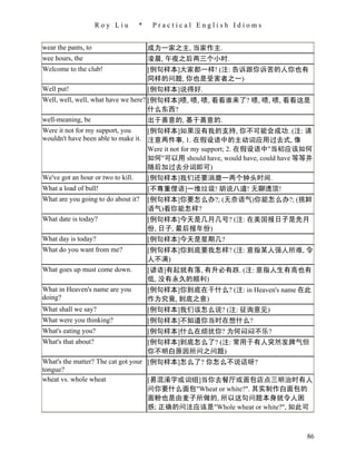 Roy Liu     *    Practical English Idioms


wear the pants, to                   成为一家之主, 当家作主.
wee hours, the                       凌晨, 午夜之后两三个小时.
Welcome to the club!                 [例句样本]大家都一样! (注: 告诉跟你诉苦的人你也有
                                     同样的问题, 你也是受害者之一)
Well put!                            [例句样本]说得好.
Well, well, well, what have we here? [例句样本]啧, 啧, 啧, 看看谁来了? 啧, 啧, 啧, 看看这是
                                     什么东西?
well-meaning, be                     出于善意的, 基于善意的.
Were it not for my support, you     [例句样本]如果没有我的支持, 你不可能会成功. (注: 请
wouldn't have been able to make it. 注意两件事, 1. 在假设语中的主动词应用过去式, 像
                                    Were it not for my support; 2. 在假设语中"当初应该如何
                                    如何"可以用 should have, would have, could have 等等并
                                    随后加过去分词即可)
We've got an hour or two to kill.   [例句样本]我们还要消磨一两个钟头时间.
What a load of bull!                 [不尊重俚语]一堆垃圾! 胡说八道! 无聊透顶!
What are you going to do about it?   [例句样本]你要怎么办?; (无奈语气)你能怎么办?; (挑衅
                                     语气)看你能怎样?
What date is today?                  [例句样本]今天是几月几号? (注: 在美国报日子是先月
                                     份, 日子, 最后报年份)
What day is today?                   [例句样本]今天是星期几?
What do you want from me?            [例句样本]你到底要我怎样? (注: 意指某人强人所难, 令
                                     人不满)
What goes up must come down.         [谚语]有起就有落, 有升必有跌. (注: 意指人生有高也有
                                     低, 没有永久的顺利)
What in Heaven's name are you        [例句样本]你到底在干什么? (注: in Heaven's name 在此
doing?                               作为究竟, 到底之意)
What shall we say?                   [例句样本]我们该怎么说? (注: 征询意见)
What were you thinking?              [例句样本]不知道你当时在想什么?
What's eating you?                   [例句样本]什么在烦扰你? 为何闷闷不乐?
What's that about?                   [例句样本]到底怎么了? (注: 常用于有人突然发脾气但
                                     你不明白原因所问之问题)
What's the matter? The cat got your [例句样本]怎么了? 你怎么不说话呀?
tongue?
wheat vs. whole wheat               [易混淆字或词组]当你去餐厅或面包店点三明治时有人
                                    问你要什么面包"Wheat or white?". 其实制作白面包的
                                    面粉也是由麦子所做的, 所以这句问题本身就令人困
                                    惑; 正确的问法应该是"Whole wheat or white?", 如此可



                                                                                86
 