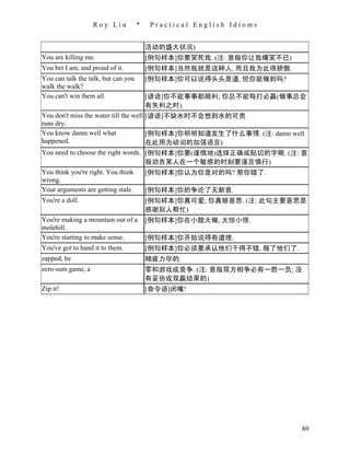 Roy Liu           *   Practical English Idioms


                                         活动的盛大状况)
You are killing me.                      [例句样本]你要笑死我. (注: 意指你让我爆笑不已)
You bet I am, and proud of it.           [例句样本]当然我就是这种人, 而且我为此很骄傲.
You can talk the talk, but can you       [例句样本]你可以说得头头是道, 但你能做到吗?
walk the walk?
You can't win them all.                  [谚语]你不能事事都顺利; 你总不能每打必赢(做事总会
                                         有失利之时).
You don't miss the water till the well [谚语]不缺水时不会想到水的可贵.
runs dry.
You know damn well what                [例句样本]你明明知道发生了什么事情. (注: damn well
happened.                              在此用为动词的加强语言)
You need to choose the right words. [例句样本]你要(谨慎地)选择正确或贴切的字眼. (注: 意
                                       指劝告某人在一个敏感的时刻要谨言慎行)
You think you're right. You think      [例句样本]你认为你是对的吗? 那你错了.
wrong.
Your arguments are getting stale.      [例句样本]你的争论了无新意.
You're a doll.                         [例句样本]你真可爱; 你真够意思. (注: 此句主要意思是
                                       感谢别人帮忙)
You're making a mountain out of a [例句样本]你在小题大做, 大惊小怪.
molehill.
You're starting to make sense.         [例句样本]你开始说得有道理.
You've got to hand it to them.         [例句样本]你必须要承认他们干得不错, 服了他们了.
zapped, be                               精疲力尽的.
zero-sum game, a                         零和游戏或竞争. (注: 意指双方相争必有一胜一负; 没
                                         有妥协或双赢结果的)
Zip it!                                  [命令语]闭嘴!




                                                                       89
 