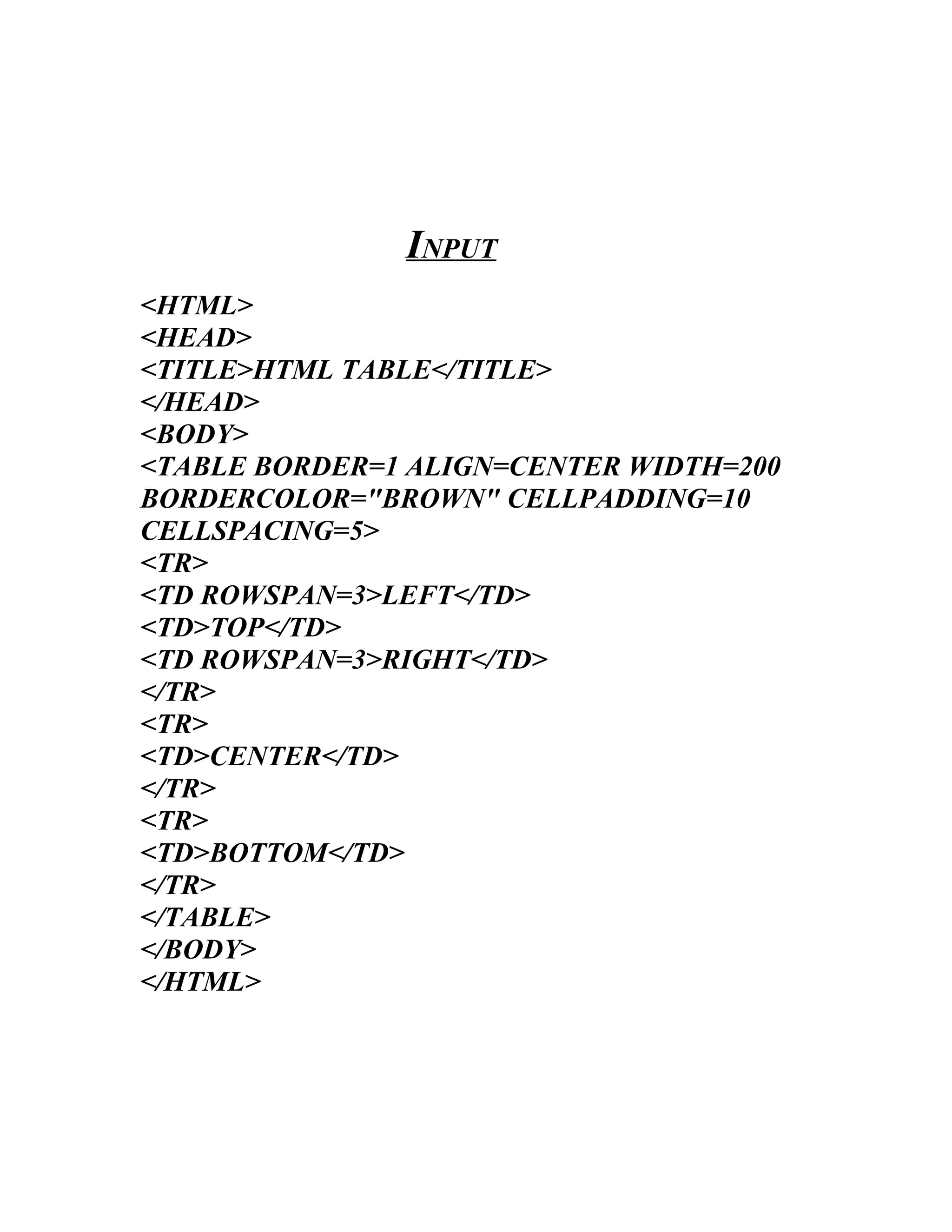 INPUT
<HTML>
<HEAD>
<TITLE>HTML TABLE</TITLE>
</HEAD>
<BODY>
<TABLE BORDER=1 ALIGN=CENTER WIDTH=200
BORDERCOLOR="BROWN" CELLPADDING=10
CELLSPACING=5>
<TR>
<TD ROWSPAN=3>LEFT</TD>
<TD>TOP</TD>
<TD ROWSPAN=3>RIGHT</TD>
</TR>
<TR>
<TD>CENTER</TD>
</TR>
<TR>
<TD>BOTTOM</TD>
</TR>
</TABLE>
</BODY>
</HTML>
 