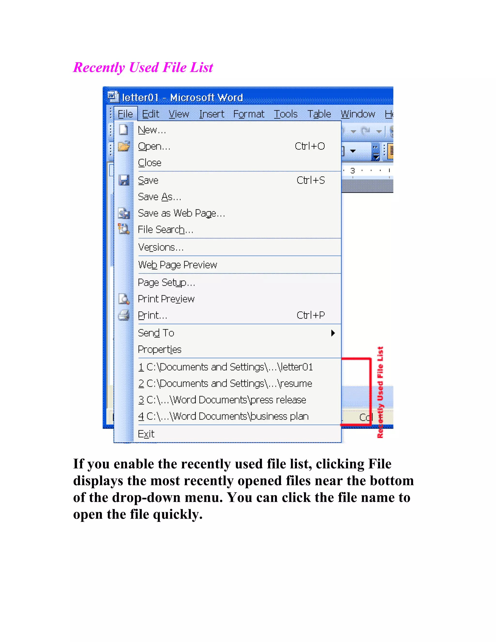 Recently Used File List




If you enable the recently used file list, clicking File
displays the most recently opened files near the bottom
of the drop-down menu. You can click the file name to
open the file quickly.
 