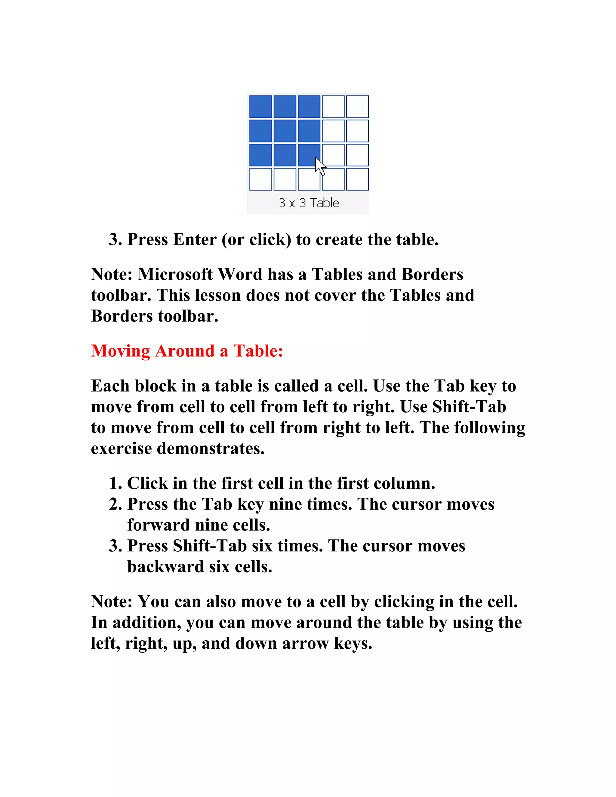 3. Press Enter (or click) to create the table.
Note: Microsoft Word has a Tables and Borders
toolbar. This lesson does not cover the Tables and
Borders toolbar.
Moving Around a Table:
Each block in a table is called a cell. Use the Tab key to
move from cell to cell from left to right. Use Shift-Tab
to move from cell to cell from right to left. The following
exercise demonstrates.
  1. Click in the first cell in the first column.
  2. Press the Tab key nine times. The cursor moves
     forward nine cells.
  3. Press Shift-Tab six times. The cursor moves
     backward six cells.
Note: You can also move to a cell by clicking in the cell.
In addition, you can move around the table by using the
left, right, up, and down arrow keys.
 