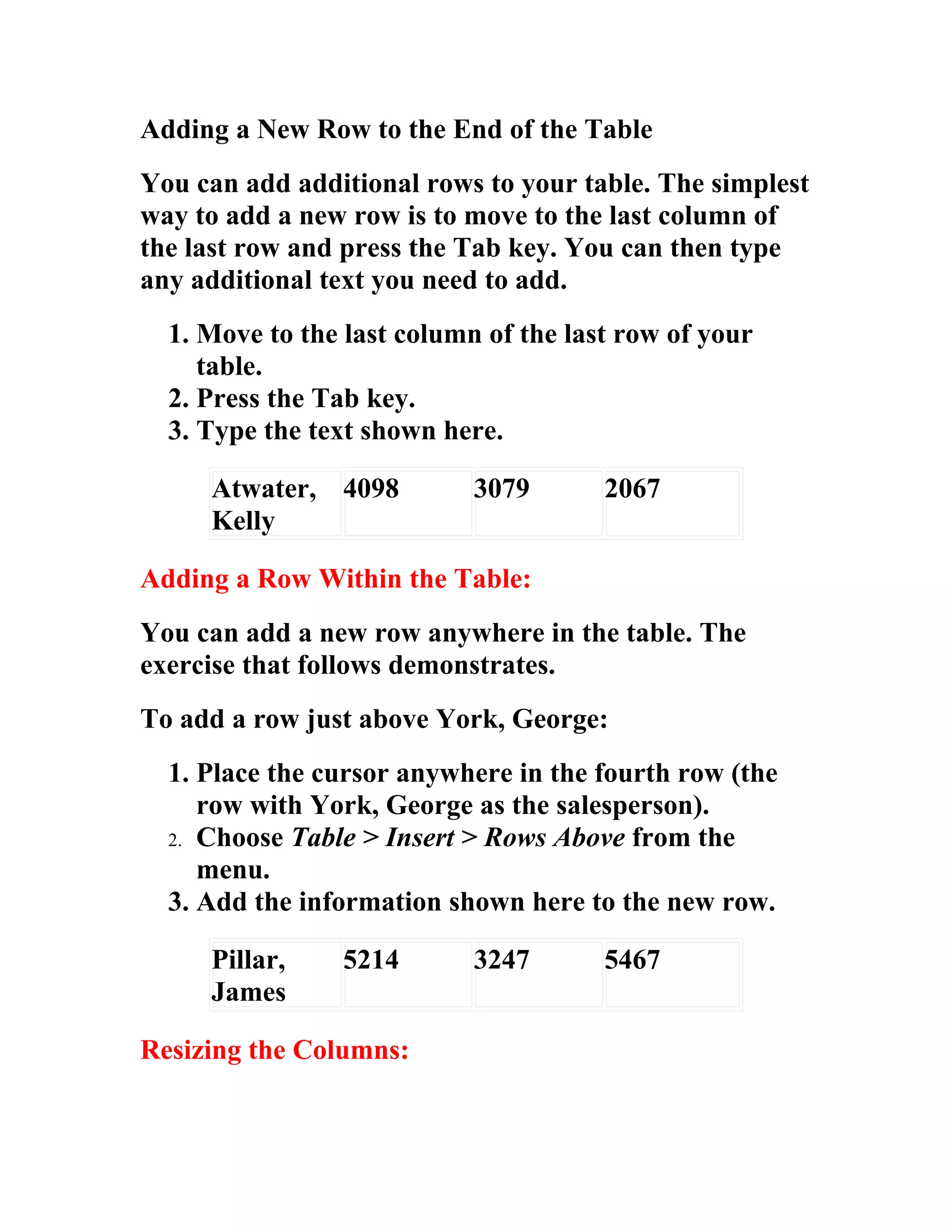 Adding a New Row to the End of the Table
You can add additional rows to your table. The simplest
way to add a new row is to move to the last column of
the last row and press the Tab key. You can then type
any additional text you need to add.
  1. Move to the last column of the last row of your
     table.
  2. Press the Tab key.
  3. Type the text shown here.

     Atwater, 4098          3079       2067
     Kelly

Adding a Row Within the Table:
You can add a new row anywhere in the table. The
exercise that follows demonstrates.
To add a row just above York, George:
  1. Place the cursor anywhere in the fourth row (the
     row with York, George as the salesperson).
  2. Choose Table > Insert > Rows Above from the
     menu.
  3. Add the information shown here to the new row.

     Pillar,    5214        3247       5467
     James

Resizing the Columns:
 