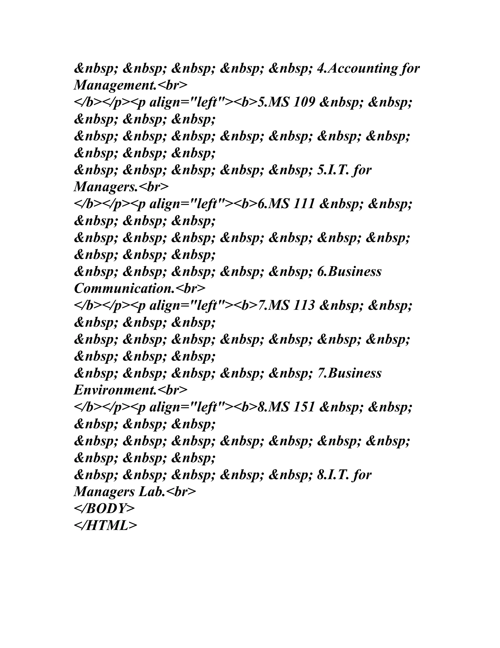&nbsp; &nbsp; &nbsp; &nbsp; &nbsp; 4.Accounting for
Management.<br>
</b></p><p align="left"><b>5.MS 109 &nbsp; &nbsp;
&nbsp; &nbsp; &nbsp;
&nbsp; &nbsp; &nbsp; &nbsp; &nbsp; &nbsp; &nbsp;
&nbsp; &nbsp; &nbsp;
&nbsp; &nbsp; &nbsp; &nbsp; &nbsp; 5.I.T. for
Managers.<br>
</b></p><p align="left"><b>6.MS 111 &nbsp; &nbsp;
&nbsp; &nbsp; &nbsp;
&nbsp; &nbsp; &nbsp; &nbsp; &nbsp; &nbsp; &nbsp;
&nbsp; &nbsp; &nbsp;
&nbsp; &nbsp; &nbsp; &nbsp; &nbsp; 6.Business
Communication.<br>
</b></p><p align="left"><b>7.MS 113 &nbsp; &nbsp;
&nbsp; &nbsp; &nbsp;
&nbsp; &nbsp; &nbsp; &nbsp; &nbsp; &nbsp; &nbsp;
&nbsp; &nbsp; &nbsp;
&nbsp; &nbsp; &nbsp; &nbsp; &nbsp; 7.Business
Environment.<br>
</b></p><p align="left"><b>8.MS 151 &nbsp; &nbsp;
&nbsp; &nbsp; &nbsp;
&nbsp; &nbsp; &nbsp; &nbsp; &nbsp; &nbsp; &nbsp;
&nbsp; &nbsp; &nbsp;
&nbsp; &nbsp; &nbsp; &nbsp; &nbsp; 8.I.T. for
Managers Lab.<br>
</BODY>
</HTML>
 