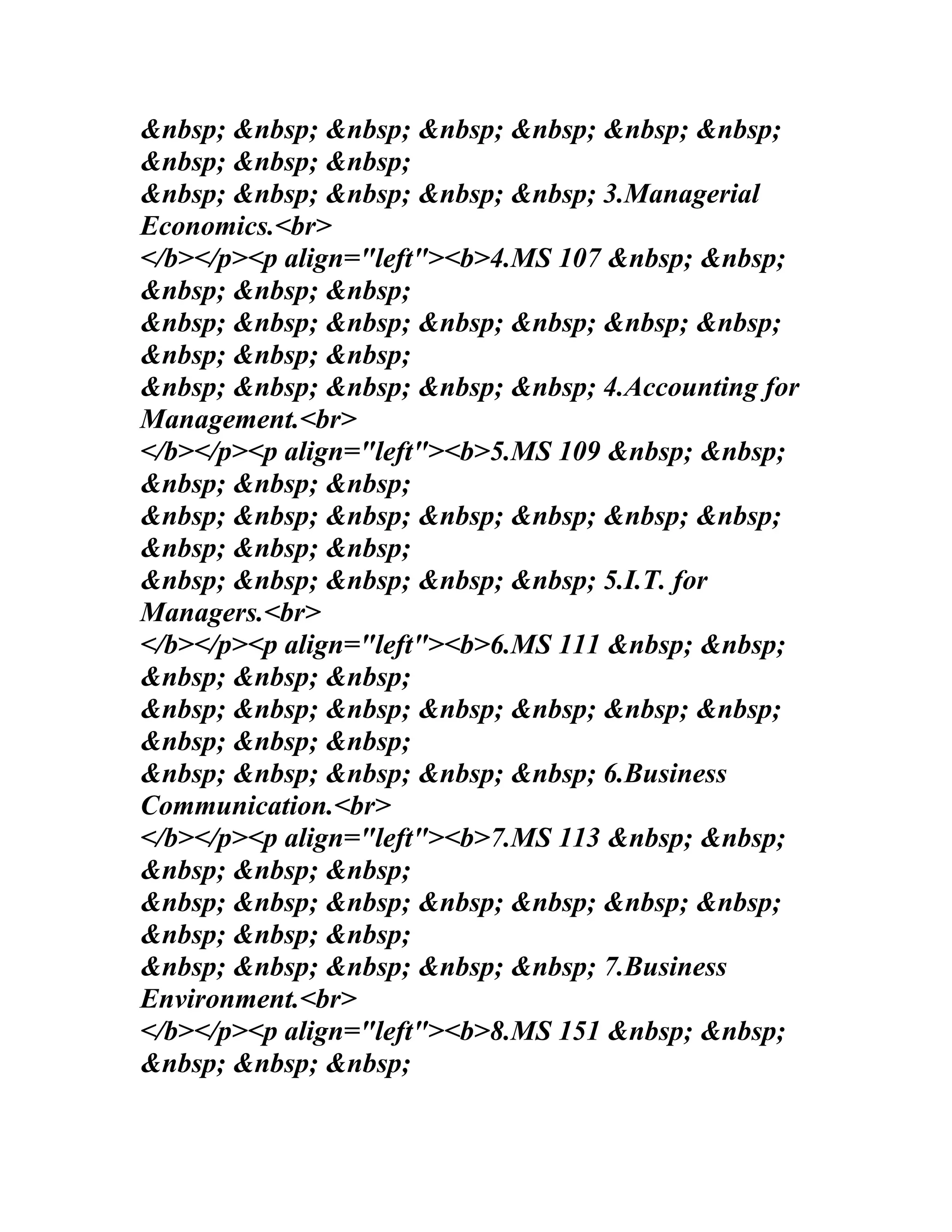 &nbsp; &nbsp; &nbsp; &nbsp; &nbsp; &nbsp; &nbsp;
&nbsp; &nbsp; &nbsp;
&nbsp; &nbsp; &nbsp; &nbsp; &nbsp; 3.Managerial
Economics.<br>
</b></p><p align="left"><b>4.MS 107 &nbsp; &nbsp;
&nbsp; &nbsp; &nbsp;
&nbsp; &nbsp; &nbsp; &nbsp; &nbsp; &nbsp; &nbsp;
&nbsp; &nbsp; &nbsp;
&nbsp; &nbsp; &nbsp; &nbsp; &nbsp; 4.Accounting for
Management.<br>
</b></p><p align="left"><b>5.MS 109 &nbsp; &nbsp;
&nbsp; &nbsp; &nbsp;
&nbsp; &nbsp; &nbsp; &nbsp; &nbsp; &nbsp; &nbsp;
&nbsp; &nbsp; &nbsp;
&nbsp; &nbsp; &nbsp; &nbsp; &nbsp; 5.I.T. for
Managers.<br>
</b></p><p align="left"><b>6.MS 111 &nbsp; &nbsp;
&nbsp; &nbsp; &nbsp;
&nbsp; &nbsp; &nbsp; &nbsp; &nbsp; &nbsp; &nbsp;
&nbsp; &nbsp; &nbsp;
&nbsp; &nbsp; &nbsp; &nbsp; &nbsp; 6.Business
Communication.<br>
</b></p><p align="left"><b>7.MS 113 &nbsp; &nbsp;
&nbsp; &nbsp; &nbsp;
&nbsp; &nbsp; &nbsp; &nbsp; &nbsp; &nbsp; &nbsp;
&nbsp; &nbsp; &nbsp;
&nbsp; &nbsp; &nbsp; &nbsp; &nbsp; 7.Business
Environment.<br>
</b></p><p align="left"><b>8.MS 151 &nbsp; &nbsp;
&nbsp; &nbsp; &nbsp;
 