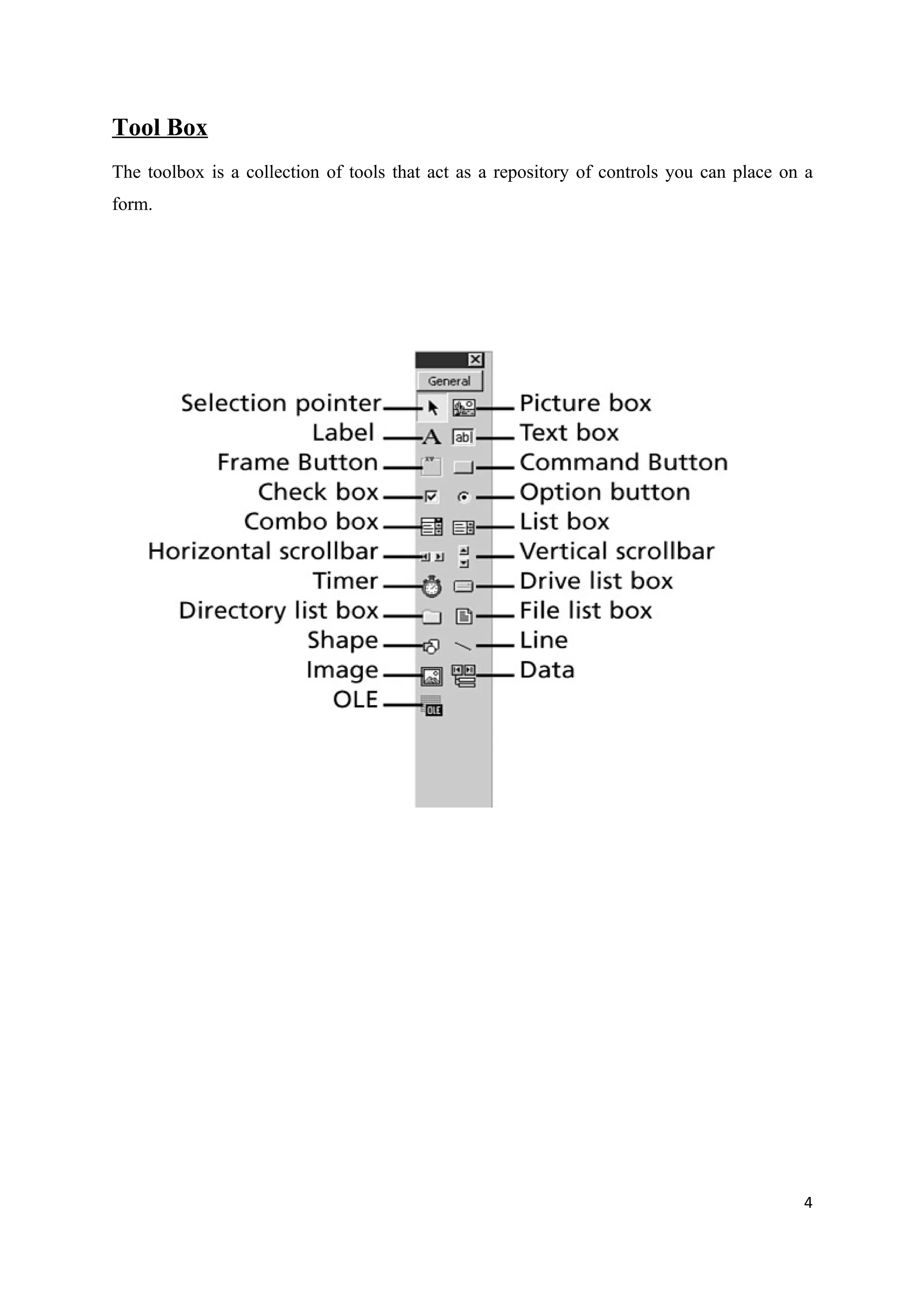 Tool Box
The toolbox is a collection of tools that act as a repository of controls you can place on a
form.




                                                                                          4
 