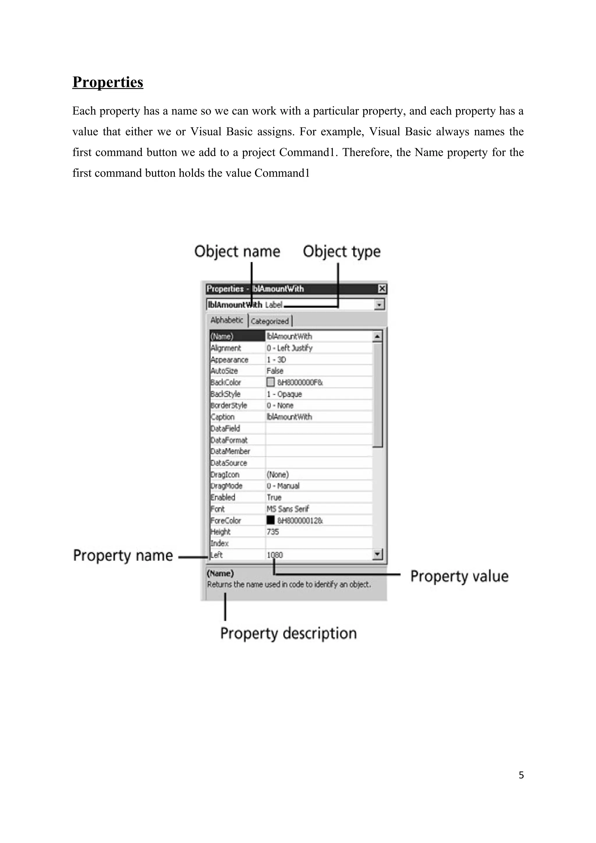 Properties
Each property has a name so we can work with a particular property, and each property has a
value that either we or Visual Basic assigns. For example, Visual Basic always names the
first command button we add to a project Command1. Therefore, the Name property for the
first command button holds the value Command1




                                                                                         5
 