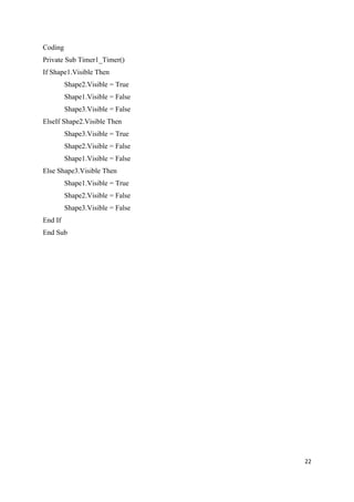 Coding
Private Sub Timer1_Timer()
If Shape1.Visible Then
         Shape2.Visible = True
         Shape1.Visible = False
         Shape3.Visible = False
ElseIf Shape2.Visible Then
         Shape3.Visible = True
         Shape2.Visible = False
         Shape1.Visible = False
Else Shape3.Visible Then
         Shape1.Visible = True
         Shape2.Visible = False
         Shape3.Visible = False
End If
End Sub




                                  22
 