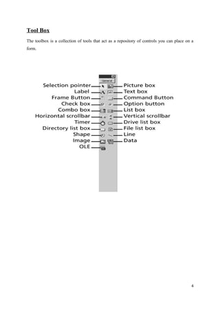 Tool Box
The toolbox is a collection of tools that act as a repository of controls you can place on a
form.
4
 