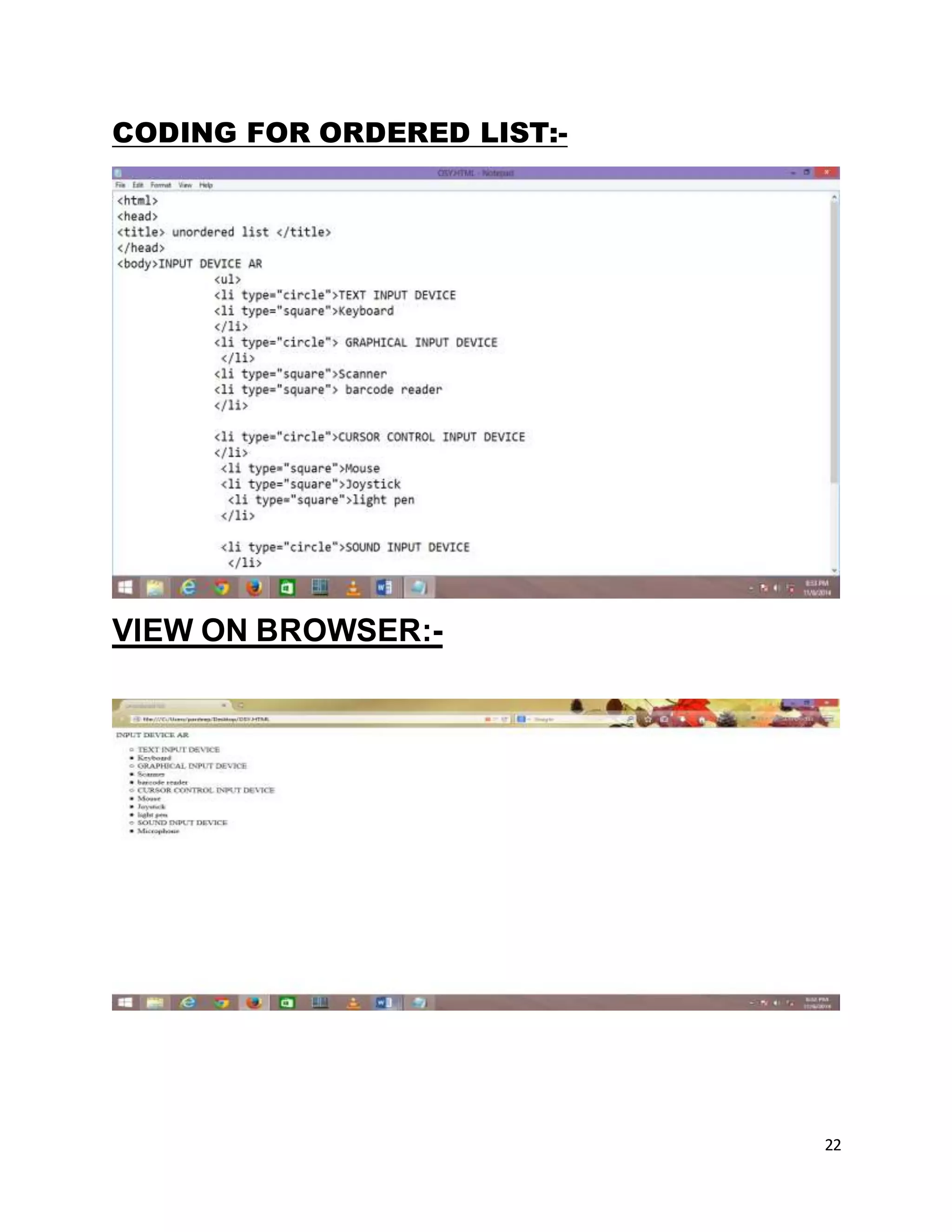 22
CODING FOR ORDERED LIST:-
VIEW ON BROWSER:-
 
