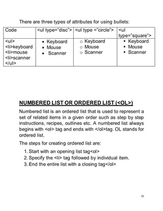 21
There are three types of attributes for using bullets:
Code <ul type=”disc”> <ul type =”circle”> <ul
type=”square”>
<ul>
<li>keyboard
<li>mouse
<li>scanner
</ul>
 Keyboard
 Mouse
 Scanner
o Keyboard
o Mouse
o Scanner
 Keyboard
 Mouse
 Scanner
NUMBERED LIST OR ORDERED LIST (<OL>)
Numbered list is an ordered list that is used to represent a
set of related items in a given order such as step by step
instructions, recipes, outlines etc. A numbered list always
begins with <ol> tag and ends with </ol>tag. OL stands for
ordered list.
The steps for creating ordered list are:
1. Start with an opening list tag<ol>
2. Specify the <li> tag followed by individual item.
3. End the entire list with a closing tag</ol>
 