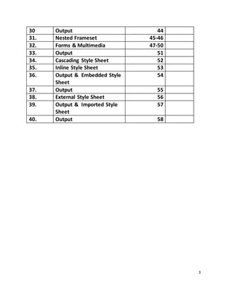 3
30 Output 44
31. Nested Frameset 45-46
32. Forms & Multimedia 47-50
33. Output 51
34. Cascading Style Sheet 52
35. Inline Style Sheet 53
36. Output & Embedded Style
Sheet
54
37. Output 55
38. External Style Sheet 56
39. Output & Imported Style
Sheet
57
40. Output 58
 