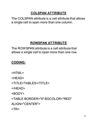 35
COLSPAN ATTRIBUTE
The COLSPAN attribute is a cell attribute that allows
a single cell to span more than one column.
ROWSPAN ATTRIBUTE
The ROWSPAN attribute is a cell attribute that
allows a single cell to span more than one row.
CODING:
<HTML>
<HEAD>
<TITLE>TABLES</TITLE>
</HEAD>
<BODY>
<TABLE BORDER="6" BGCOLOR="RED"
ALIGN="CENTER">
<TR>
 