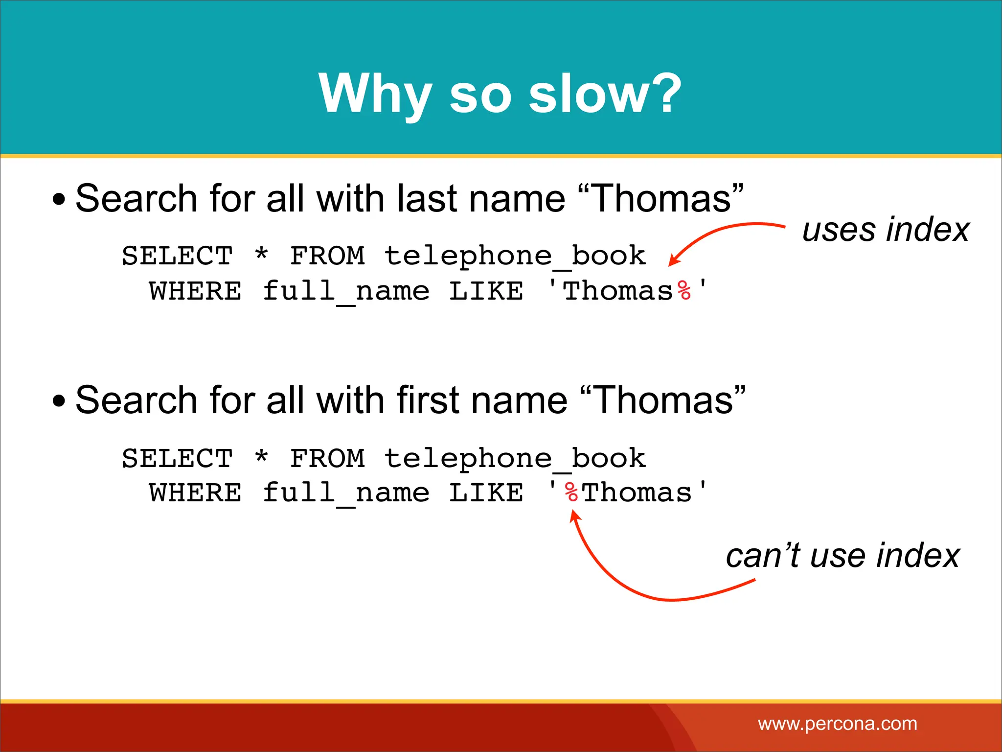 Why so slow? • Search for all with last name “Thomas” uses index SELECT * FROM telephone_book WHERE full_name LIKE 'Thomas%' • Search for all with first name “Thomas” SELECT * FROM telephone_book WHERE full_name LIKE '%Thomas' can’t use index www.percona.com 