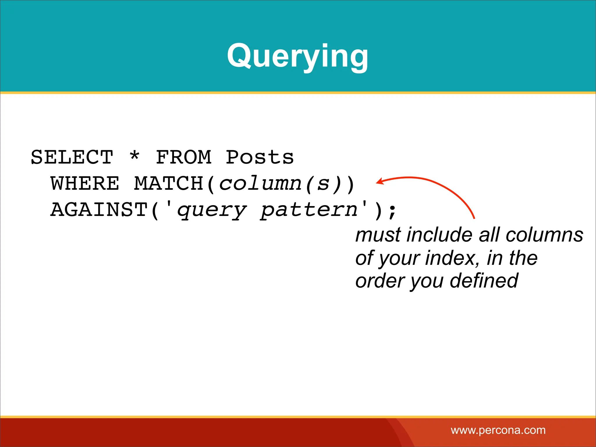 Querying SELECT * FROM Posts WHERE MATCH(column(s)) AGAINST('query pattern'); must include all columns of your index, in the order you defined www.percona.com 