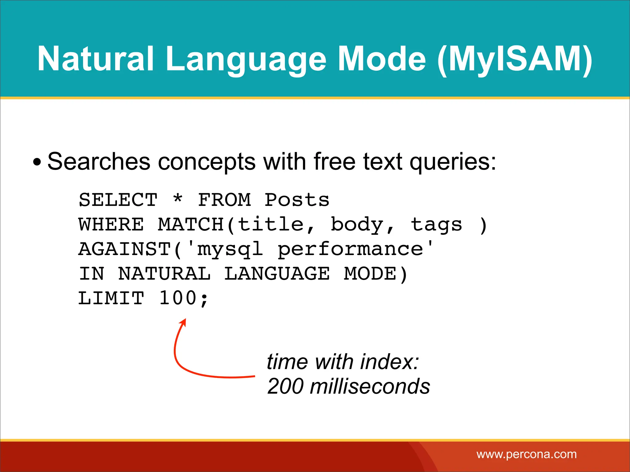 Natural Language Mode (MyISAM) • Searches concepts with free text queries: ! SELECT * FROM Posts WHERE MATCH(title, body, tags ) AGAINST('mysql performance' IN NATURAL LANGUAGE MODE) LIMIT 100; time with index: 200 milliseconds www.percona.com 