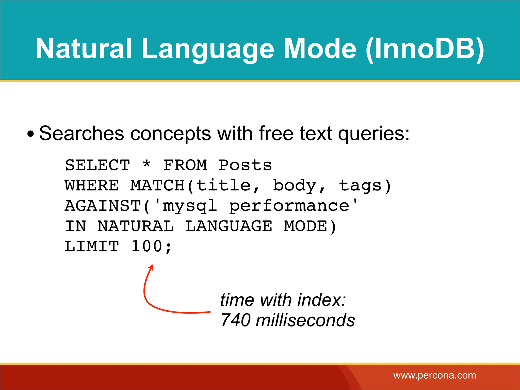 Natural Language Mode (InnoDB) • Searches concepts with free text queries: ! SELECT * FROM Posts WHERE MATCH(title, body, tags) AGAINST('mysql performance' IN NATURAL LANGUAGE MODE) LIMIT 100; time with index: 740 milliseconds www.percona.com 