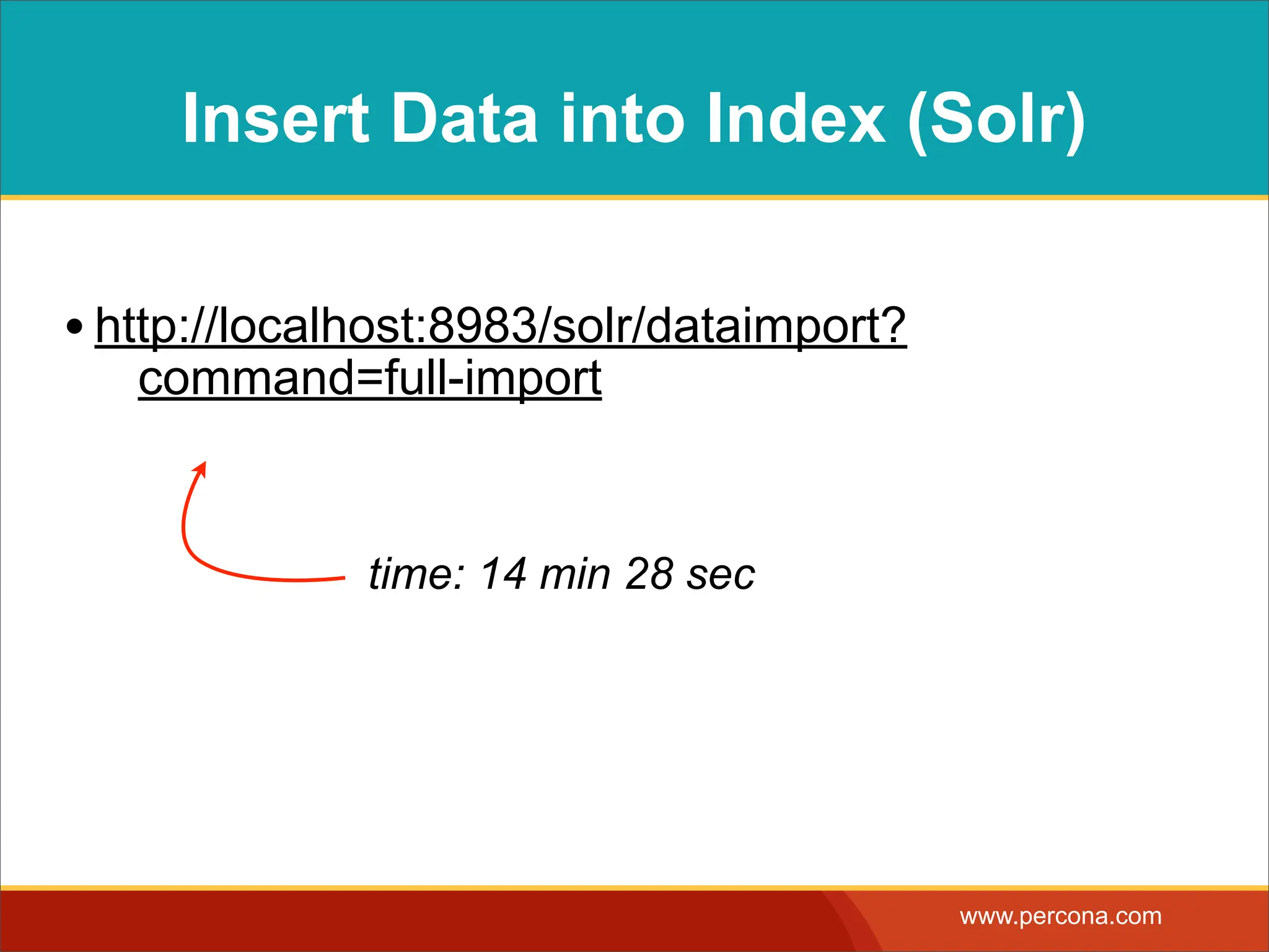 Insert Data into Index (Solr) • http://localhost:8983/solr/dataimport? command=full-import time: 14 min 28 sec www.percona.com 