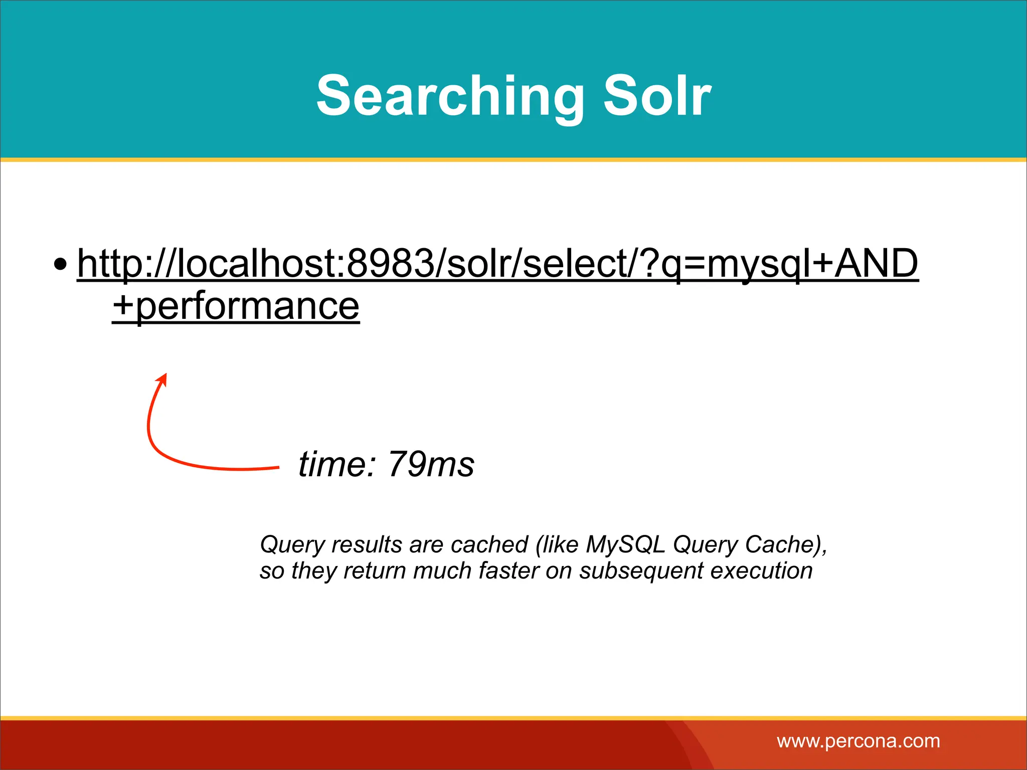 Searching Solr • http://localhost:8983/solr/select/?q=mysql+AND +performance time: 79ms Query results are cached (like MySQL Query Cache), so they return much faster on subsequent execution www.percona.com 