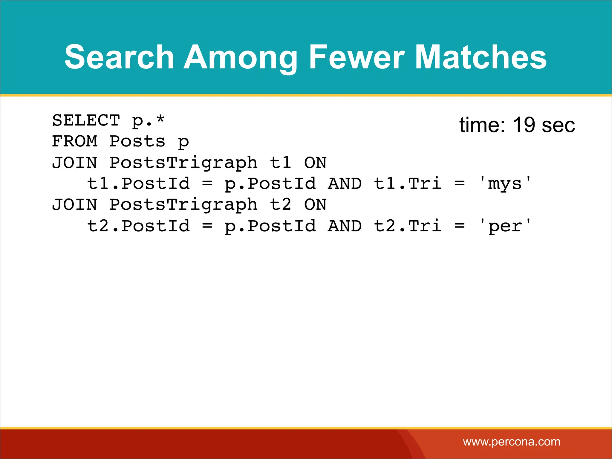 Search Among Fewer Matches ! SELECT p.* time: 19 sec FROM Posts p JOIN PostsTrigraph t1 ON ! t1.PostId = p.PostId AND t1.Tri = 'mys' JOIN PostsTrigraph t2 ON ! t2.PostId = p.PostId AND t2.Tri = 'per' www.percona.com 