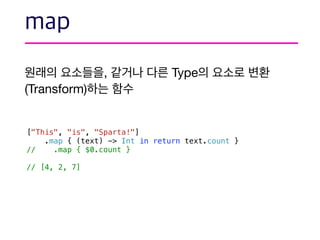 , Type
(Transform)
["This", "is", "Sparta!"]
.map { (text) -> Int in return text.count }
// .map { $0.count }
// [4, 2, 7]
 