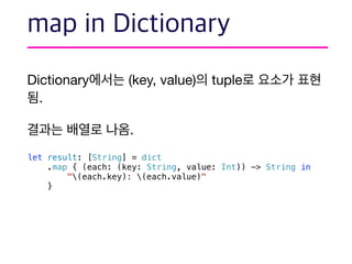 Dictionary (key, value) tuple
.

.

let result: [String] = dict
.map { (each: (key: String, value: Int)) -> String in
"(each.key): (each.value)"
}
 