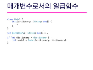 class Model {
init(dictionary: [String: Any]) {
…
}
}
let dictionary: [String: Any]? = …
if let dictionary = dictionary {
let model = Model(dictionary: dictionary)
}
 