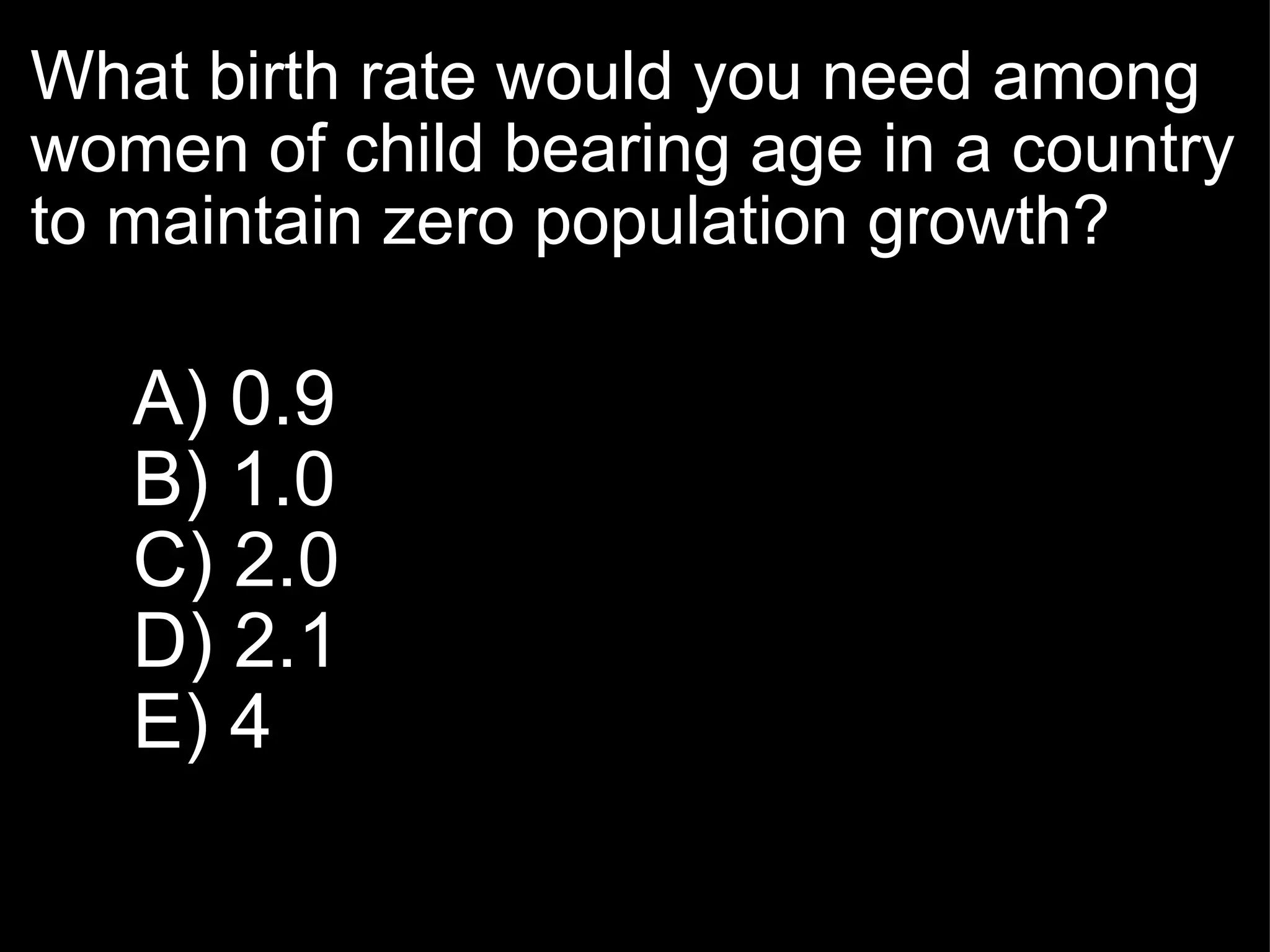 What birth rate would you need among women of child bearing age in a country to maintain zero population growth? A) 0.9 B) 1.0 C) 2.0 D) 2.1 E) 4 