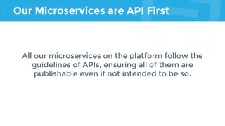 Our Microservices are API First
All our microservices on the platform follow the
guidelines of APIs, ensuring all of them are
publishable even if not intended to be so.
 