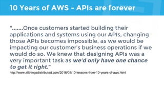 10 Years of AWS - APIs are forever
“.......Once customers started building their
applications and systems using our APIs, changing
those APIs becomes impossible, as we would be
impacting our customer’s business operations if we
would do so. We knew that designing APIs was a
very important task as we’d only have one chance
to get it right.”
http://www.allthingsdistributed.com/2016/03/10-lessons-from-10-years-of-aws.html
 