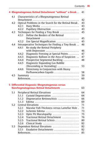 IX
4 Rhegmatogenous Retinal Detachment “without” a Break . . 41
4.1 Characteristics of a Rhegmatogenous Retinal
Detachment . . . . . . . . . . . . . . . . . . . . . . . . . . . . . . . . . . . . . . . 42
4.2 Optical Problems in the Search for the Retinal Break . 43
4.2.1 Hazy Media . . . . . . . . . . . . . . . . . . . . . . . . . . . . . . . . 43
4.2.2 Pupillary Obstruction . . . . . . . . . . . . . . . . . . . . . . . 43
4.3 Techniques for Finding a Tiny Break . . . . . . . . . . . . . . . . 45
4.3.1 Define the Borders of the Retinal
Detachment . . . . . . . . . . . . . . . . . . . . . . . . . . . . . . . . 45
4.3.2 Use Special Magnification . . . . . . . . . . . . . . . . . . . 45
4.4 Intraoperative Techniques for Finding a Tiny Break . . 46
4.4.1 Re-study the Retinal Periphery
with Depression . . . . . . . . . . . . . . . . . . . . . . . . . . . . 46
4.4.2 Diagnostic Freezing at Special Points . . . . . . . . . 47
4.4.3 Diagnostic Balloon in the Area of Suspicion . . 47
4.4.4 Prospective Segmental Buckling . . . . . . . . . . . . . 48
4.4.5 Diagnostic Expanding Gas Bubble
(Descending or Ascending) . . . . . . . . . . . . . . . . . . 53
4.4.6 Vitrectomy in Conjunction with Heavy
Perfluorocarbon Liquids . . . . . . . . . . . . . . . . . . . . . 58
4.5 Summary . . . . . . . . . . . . . . . . . . . . . . . . . . . . . . . . . . . . . . . . . 59
References
. . . . . . . . . . . . . . . . . . . . . . . . . . . . . . . . . . . . . . . . . . . . 60
5 Differential Diagnosis: Rhegmatogenous versus
Nonrhegmatogenous Retinal Detachments . . . . . . . . . . . . . . . 63
5.1 Peripheral Retinal Elevations . . . . . . . . . . . . . . . . . . . . . . 64
5.1.1 Cystoid Degeneration . . . . . . . . . . . . . . . . . . . . . . . 64
5.1.2 Degenerative Retinoschisis . . . . . . . . . . . . . . . . . . 66
5.1.3 Edema . . . . . . . . . . . . . . . . . . . . . . . . . . . . . . . . . . . . . 69
5.2 Central Elevations . . . . . . . . . . . . . . . . . . . . . . . . . . . . . . . . . 71
5.2.1 Macular Full-Thickness versus Lamellar Hole . 71
5.2.2 Ischemic Edema . . . . . . . . . . . . . . . . . . . . . . . . . . . . 73
5.2.3 Optic Pit Maculopathy . . . . . . . . . . . . . . . . . . . . . . 75
5.2.4 Tractional Retinal Detachment . . . . . . . . . . . . . . 76
5.2.5 Tractional Retinal Schisis . . . . . . . . . . . . . . . . . . . . 80
5.2.6 Clinical Study . . . . . . . . . . . . . . . . . . . . . . . . . . . . . . 82
5.3 Dependent Retinal Elevations . . . . . . . . . . . . . . . . . . . . . . 82
5.3.1 Exudative Detachments . . . . . . . . . . . . . . . . . . . . . 82
References
. . . . . . . . . . . . . . . . . . . . . . . . . . . . . . . . . . . . . . . . . . . . 85
Contents
 