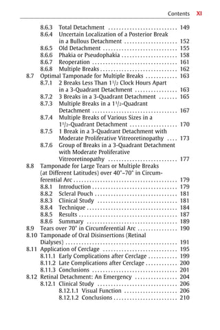 XI
8.6.3 Total Detachment . . . . . . . . . . . . . . . . . . . . . . . . . . 149
8.6.4 Uncertain Localization of a Posterior Break
in a Bullous Detachment . . . . . . . . . . . . . . . . . . . . 152
8.6.5 Old Detachment . . . . . . . . . . . . . . . . . . . . . . . . . . . . 155
8.6.6 Phakia or Pseudophakia . . . . . . . . . . . . . . . . . . . . . 158
8.6.7 Reoperation . . . . . . . . . . . . . . . . . . . . . . . . . . . . . . . . 161
8.6.8 Multiple Breaks . . . . . . . . . . . . . . . . . . . . . . . . . . . . . 162
8.7 Optimal Tamponade for Multiple Breaks . . . . . . . . . . . . 163
8.7.1 2 Breaks Less Than 11/2 Clock Hours Apart
in a 3-Quadrant Detachment . . . . . . . . . . . . . . . . 163
8.7.2 3 Breaks in a 3-Quadrant Detachment . . . . . . . 165
8.7.3 Multiple Breaks in a 11/2-Quadrant
Detachment . . . . . . . . . . . . . . . . . . . . . . . . . . . . . . . . 167
8.7.4 Multiple Breaks of Various Sizes in a
11/2-Quadrant Detachment . . . . . . . . . . . . . . . . . . 170
8.7.5 1 Break in a 3-Quadrant Detachment with
Moderate Proliferative Vitreoretinopathy . . . . 173
8.7.6 Group of Breaks in a 3-Quadrant Detachment
with Moderate Proliferative
Vitreoretinopathy . . . . . . . . . . . . . . . . . . . . . . . . . . 177
8.8 Tamponade for Large Tears or Multiple Breaks
(at Different Latitudes) over 40°−70° in Circum-
ferential Arc . . . . . . . . . . . . . . . . . . . . . . . . . . . . . . . . . . . . . . . 179
8.8.1 Introduction . . . . . . . . . . . . . . . . . . . . . . . . . . . . . . . . 179
8.8.2 Scleral Pouch . . . . . . . . . . . . . . . . . . . . . . . . . . . . . . . 181
8.8.3 Clinical Study . . . . . . . . . . . . . . . . . . . . . . . . . . . . . . 181
8.8.4 Technique . . . . . . . . . . . . . . . . . . . . . . . . . . . . . . . . . . 184
8.8.5 Results . . . . . . . . . . . . . . . . . . . . . . . . . . . . . . . . . . . . . 187
8.8.6 Summary . . . . . . . . . . . . . . . . . . . . . . . . . . . . . . . . . . 189
8.9 Tears over 70° in Circumferential Arc . . . . . . . . . . . . . . . 190
8.10 Tamponade of Oral Disinsertions (Retinal
Dialyses) . . . . . . . . . . . . . . . . . . . . . . . . . . . . . . . . . . . . . . . . . . 191
8.11 Application of Cerclage . . . . . . . . . . . . . . . . . . . . . . . . . . . . 195
8.11.1 Early Complications after Cerclage . . . . . . . . . . . 199
8.11.2 Late Complications after Cerclage . . . . . . . . . . . . 200
8.11.3 Conclusions . . . . . . . . . . . . . . . . . . . . . . . . . . . . . . . . 201
8.12 Retinal Detachment: An Emergency . . . . . . . . . . . . . . . . 204
8.12.1 Clinical Study . . . . . . . . . . . . . . . . . . . . . . . . . . . . . . 206
8.12.1.1 Visual Function . . . . . . . . . . . . . . . . . . . . 206
8.12.1.2 Conclusions . . . . . . . . . . . . . . . . . . . . . . . . 210
Contents
 