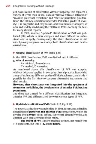 254 8 Segmental Buckling without Drainage
ard classification of proliferative vitreoretinopathy. This replaced a
variety of terms then in use, such as “massive vitreous retraction,”
“massive preretinal retraction,” and “massive periretinal prolifera-
tion.” The 1983 classification subdivided PVR into 4 grades of sever-
ity; it is pragmatic and easy to use, and was therefore accepted at
once and widely used during the 1980s and 1990s, forming the basis
for many clinical reports.
In 1991, another, “updated” classification of PVR was pub-
lished [50], which is more complex and more difficult to under-
stand and to apply. Consequently, the older classification is still
used by many surgeons even today; both classifications will be dis-
cussed here.
왘 Original classification of PVR (Table 8.11)
In the 1983 classification, PVR was divided into 4 different
grades of severity:
A = minimal, B = moderate,
C = marked, D = massive.
As mentioned above, this classification of PVR was accepted
without delay and applied in everyday clinical practice. It provided
a way of evaluating different grades of PVR detachment, and made it
possible for the first time to compare alternative treatments and
their results.
However, after vitrectomy was integrated into the spectrum of
treatment modalities, the development of anterior PVR became
prominent,
and there was a need for a different classification that integrated
anterior PVR and differentiated between various types of PVR.
왘 Updated classification of PVR (Table 8.12, Fig. 8.50)
The new classification was published in 1991. It contains a detailed
description of posterior and anterior PVR contractions, which are
divided into 5 types: Focal, diffuse, subretinal, circumferential, and
anterior with displacement of the retina.
The extent of PVR is more precisely defined, not merely into
1−4 quadrants, but into 1−12 clock hours.
 
