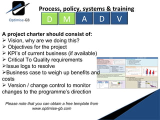 A project charter should consist of: Vision, why are we doing this? Objectives for the project KPI’s of current business (if available) Critical To Quality requirements Issue logs to resolve Business case to weigh up benefits and costs Version / change control to monitor changes to the programme’s direction Please note that you can obtain a free template from www.optimise-gb.com M A D V Process, policy, systems & training D Optimise -GB 